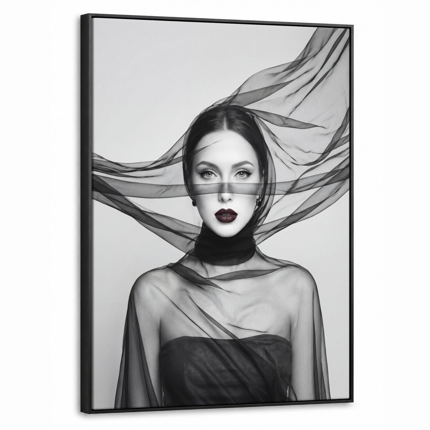 Canvas Schilderij met Baklijst 60x80cm - Vrouw - Sluier - Portret - Zwart - Wit - Elegant - Muurdecoratie woonkamer - Slaapkamer decoratie - Kamer accessoires - Schilderijen op canvas met lijst