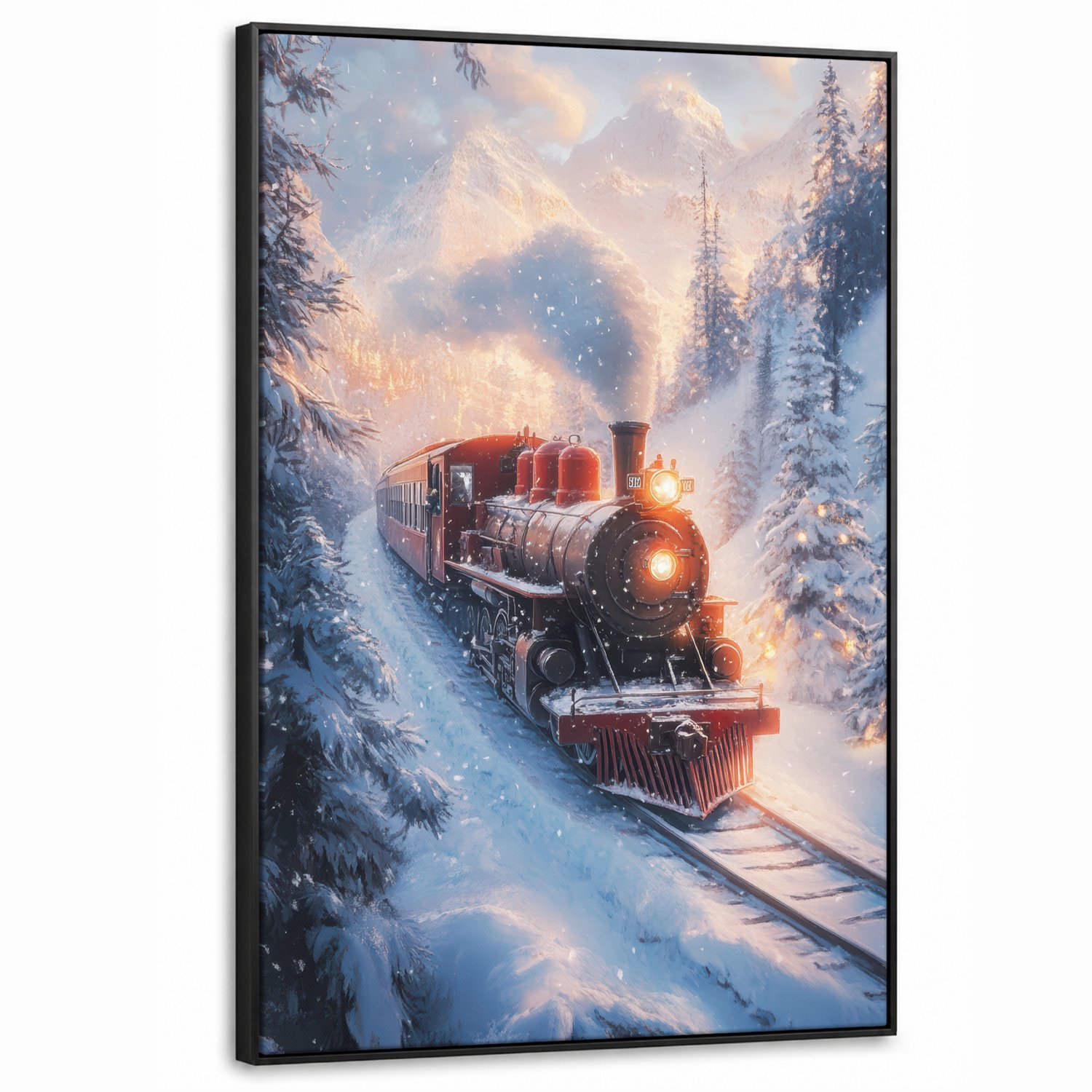 Canvas Schilderij met Baklijst XXL Canvas Schilderij met Baklijst 80x120cm - Kersttrein - Sneeuw - Winter - Kerst - Muurdecoratie woonkamer - Slaapkamer decoratie - Kamer accessoires - Schilderijen op canvas met lijst groot