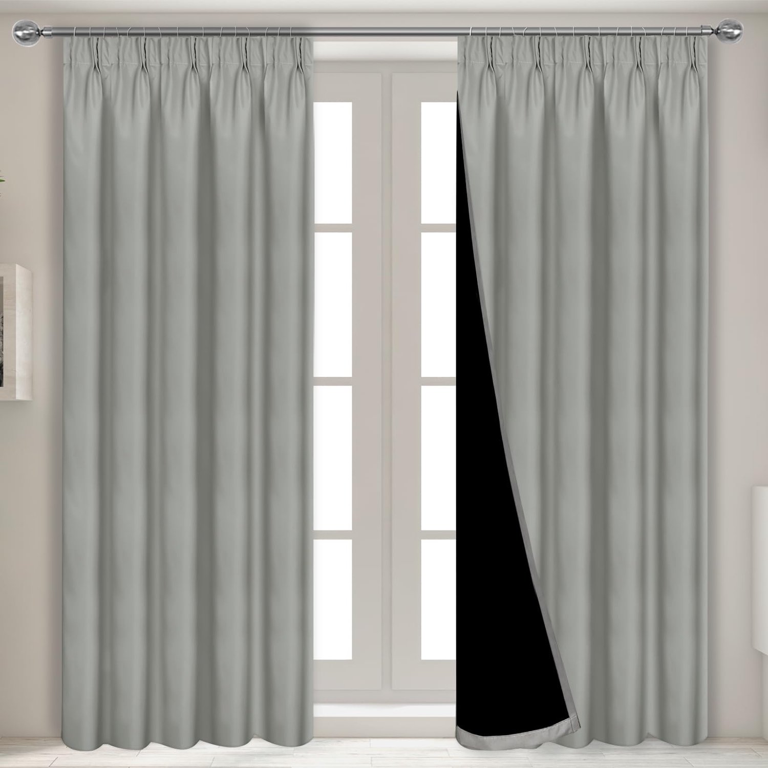 Famanu Grijze 100% verduisterende gordijnen voor slaapkamer, set van 2 panelen, 140 x 240 cm, thermisch isolerende gordijnen voor woonkamer en keuken wit