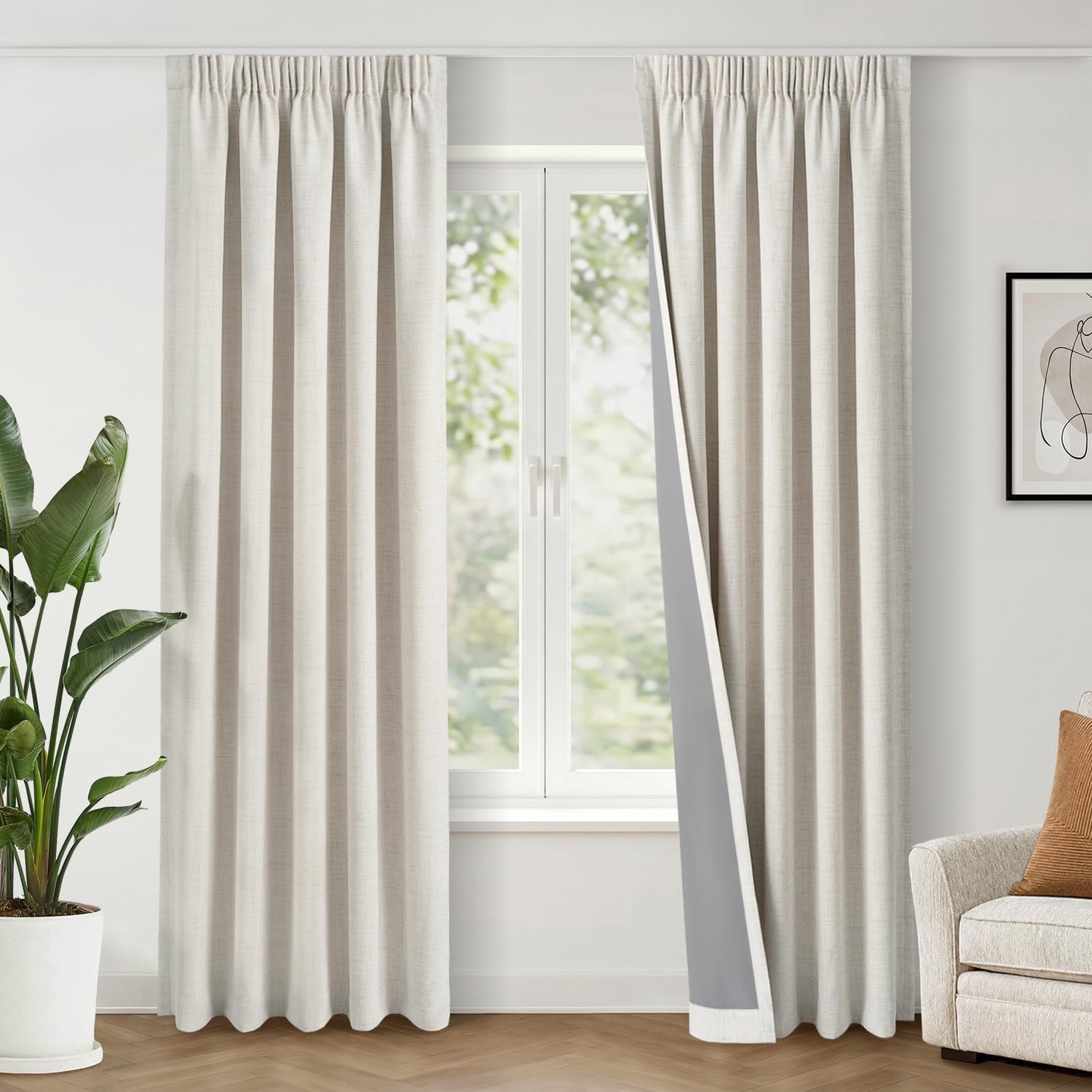Famanu 100% verduisterende gordijnen set van 2 stuks, linnenlook met plooiband, thermisch en koudewerend, ondoorzichtig, 140 x 245 cm, beige, ideaal voor het creëren van een stijlvolle uitstraling en het verbeteren van de energie-efficiëntie