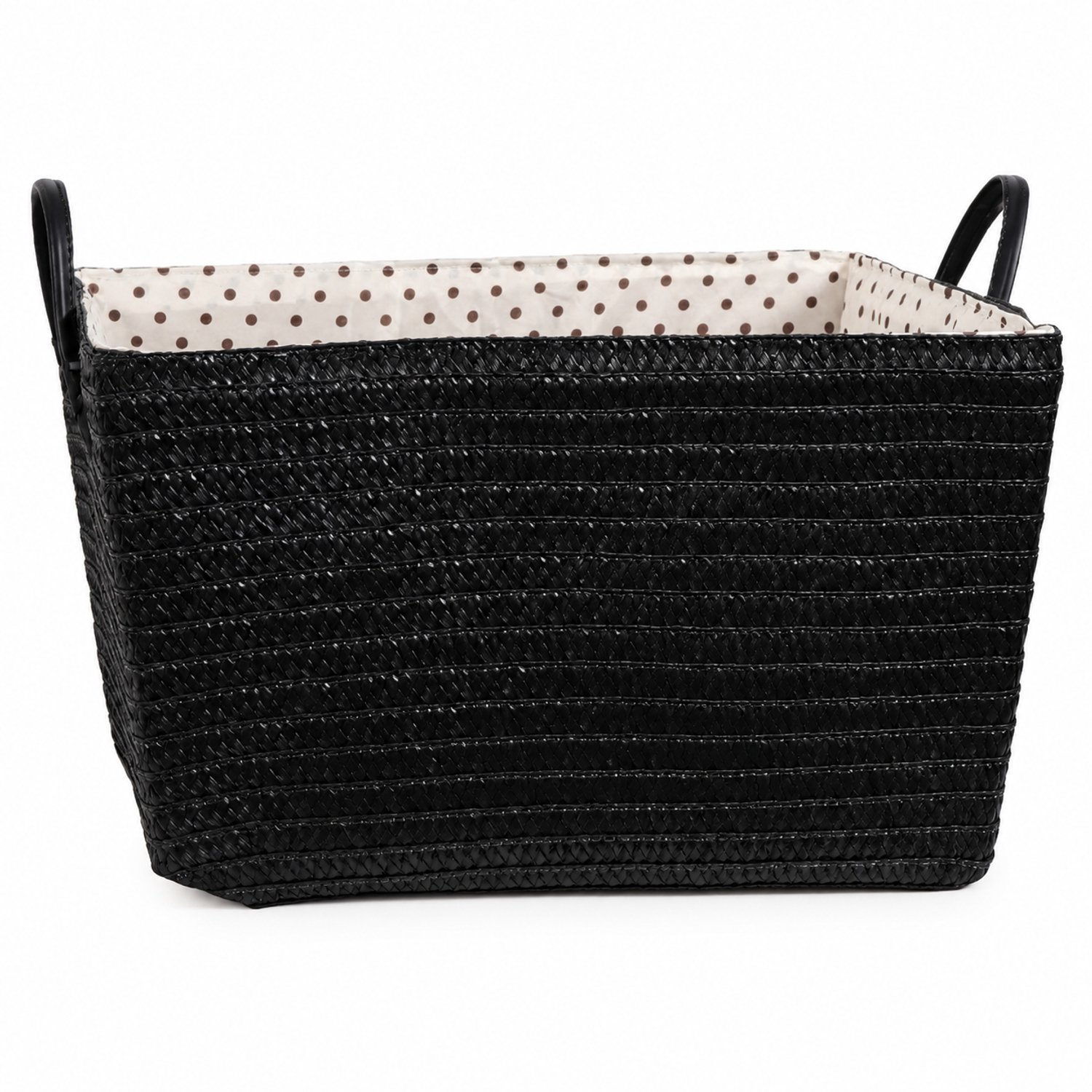 Zwarte geweven opbergmand 43 x 35 x 25 met twee handgrepen en stippenvoering, zonder deksel, voor kleding en speelgoed