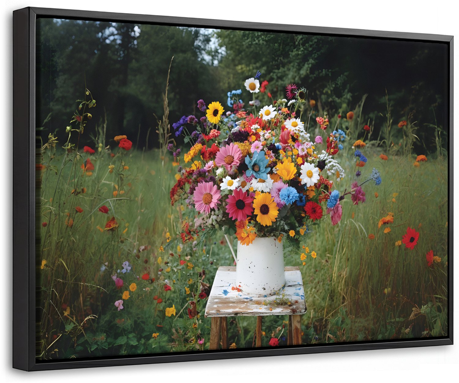 Canvas Schilderij met Baklijst 30x20cm - Bloemen - Krukje - Gieter - Veld - Muurdecoratie woonkamer - Slaapkamer decoratie - Kamer accessoires - Schilderijen op canvas met lijst