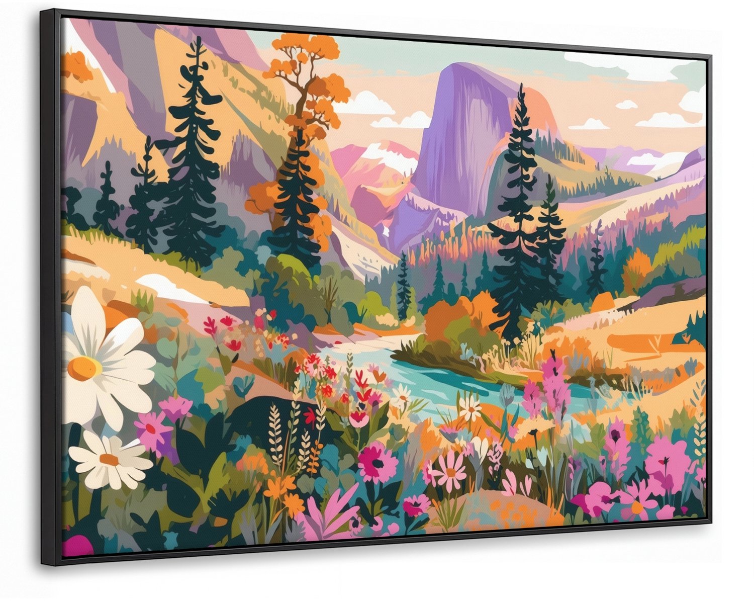 Canvas Schilderij met Baklijst XXL Canvas Schilderij met Baklijst 120x80cm - Rivier - Vallei vol bloemen - Levendig - Muurdecoratie woonkamer - Slaapkamer decoratie - Kamer accessoires - Schilderijen op canvas met lijst groot
