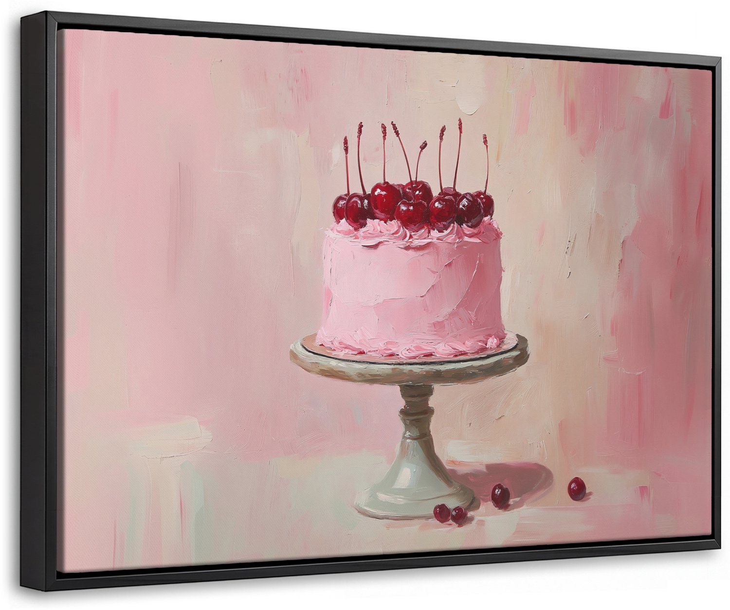 Canvas Schilderij met Baklijst 60x40cm - Taart - Pink - Cherry - Muurdecoratie woonkamer - Slaapkamer decoratie - Kamer accessoires - Schilderijen op canvas met lijst