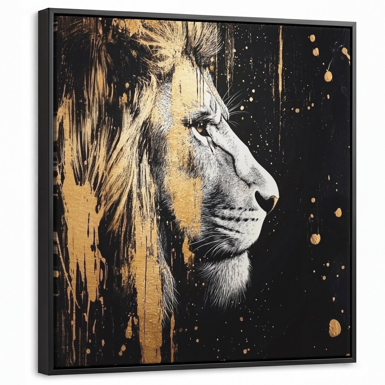 Canvas Schilderij met Baklijst 50x50cm - Portret - Leeuw - Abstract - Goud - Muurdecoratie woonkamer - Slaapkamer decoratie - Kamer accessoires - Schilderijen op canvas met lijst