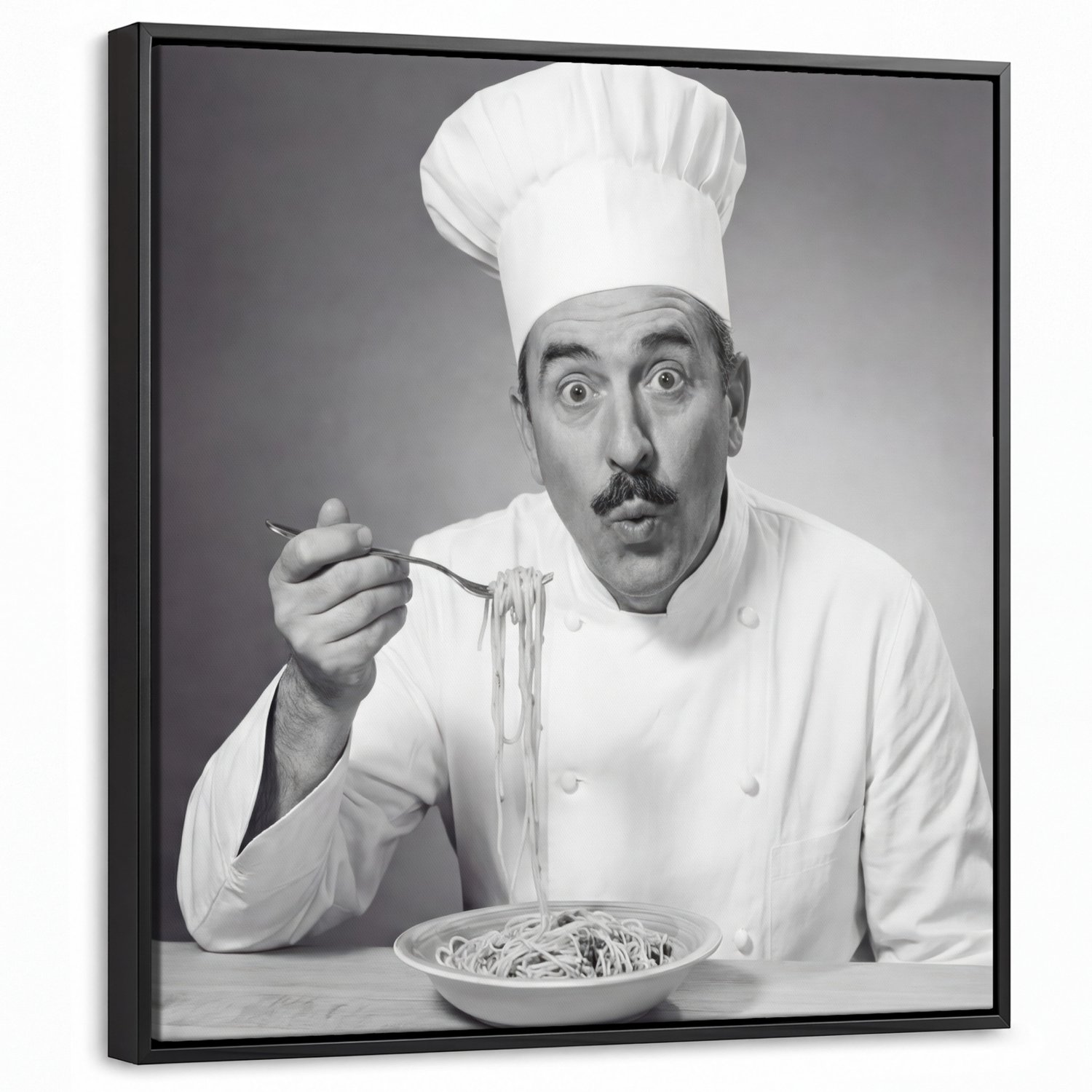 Canvas Schilderij met Baklijst 50x50cm - Chef - Spaghetti - Pasta - Muurdecoratie woonkamer - Slaapkamer decoratie - Kamer accessoires - Schilderijen op canvas met lijst
