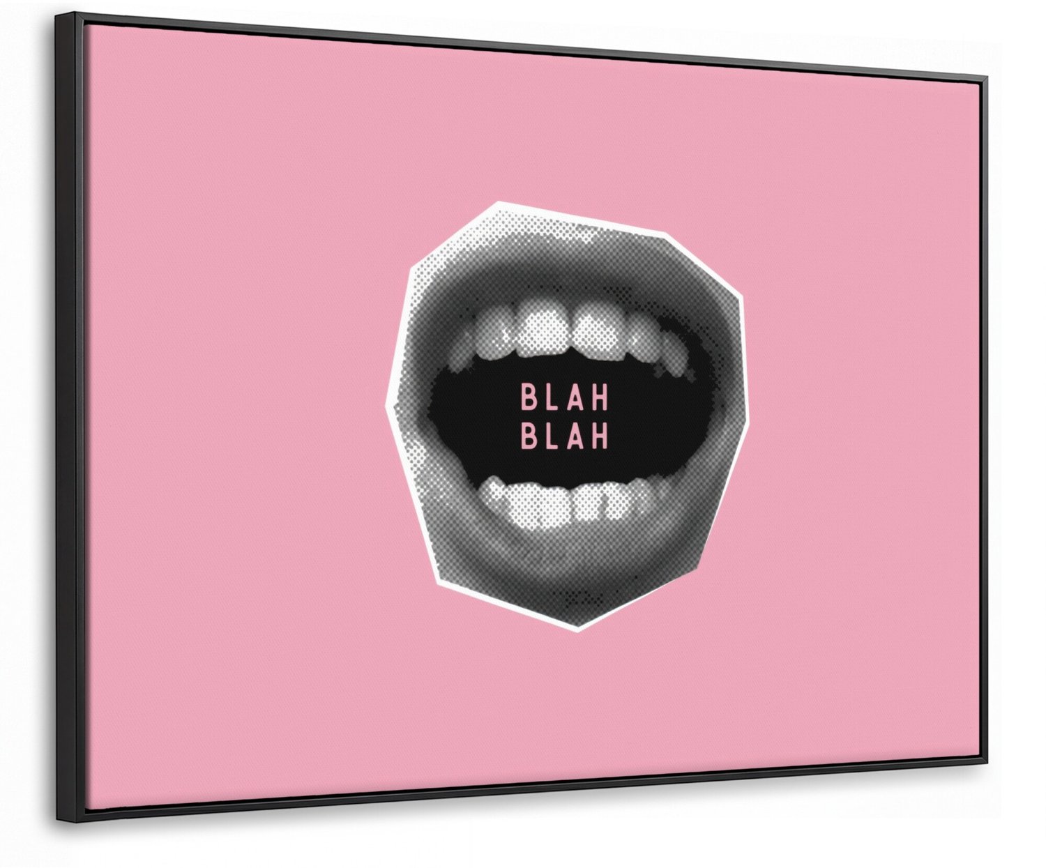 Canvas Schilderij met Baklijst 80x60cm - Mond - BLAH BLAH - Roze - Muurdecoratie woonkamer - Slaapkamer decoratie - Kamer accessoires - Schilderijen op canvas met lijst