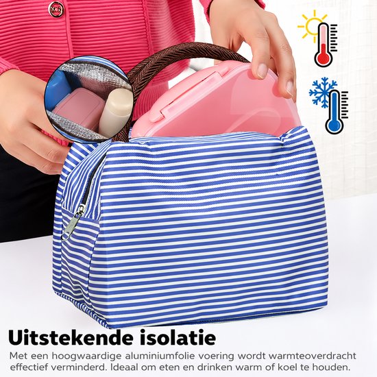 Lunch Tas Koeltas 2 Stuks, Geïsoleerde Lunchbox Tas met Oxford Stof, Opvouwbare Thermotas 23 × 17 × 13 cm voor School, Werk, Picknick en Reizen, Blauw Gestreept & Khaki Gestreept — afbeelding 4
