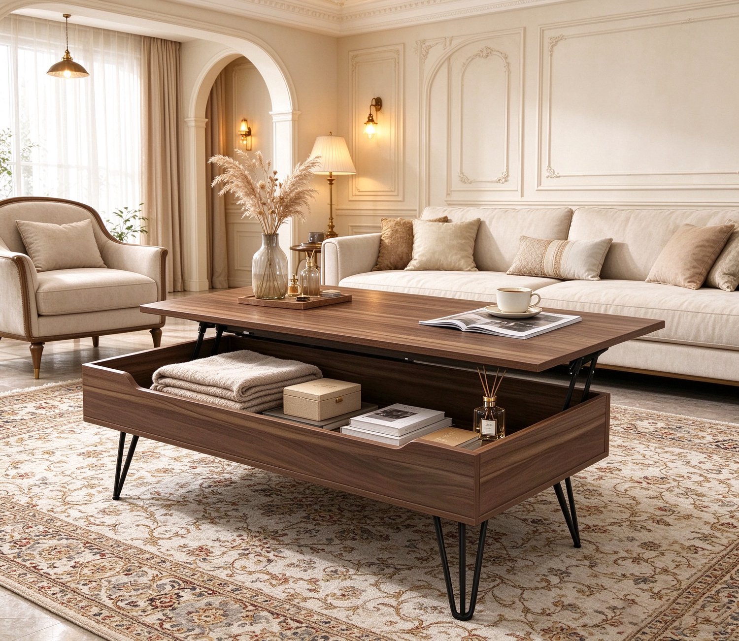 learnlogic Koffietafel salontafel 100×50×55 cm opklapbaar en verstelbaar voorzien van verborgen planken en royale opbergruimte voor woonkamer Walnootbruin