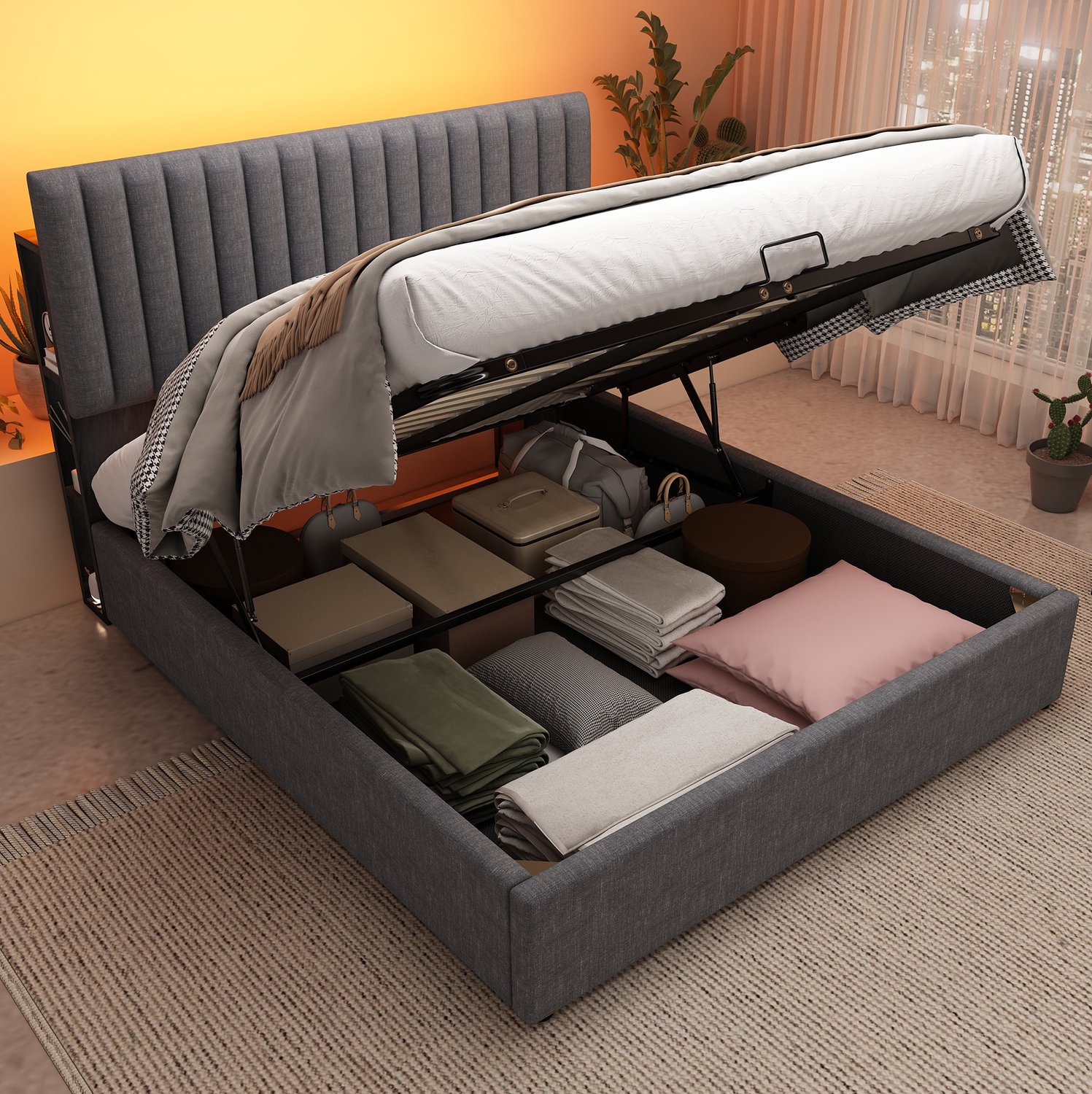 Maisentiel Grijs tweepersoonsbed 140 x 200 cm met opbergruimte, LED en USB-C - zonder matras