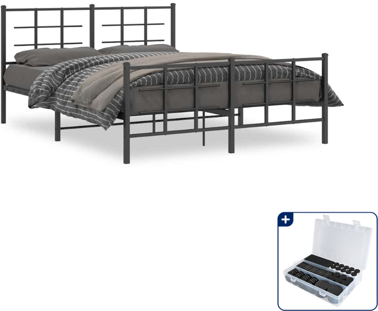 vidaXL Bedframe - 150 x 200 cm - metaal - zwart - Inclusief antikrasvilt 177-delig