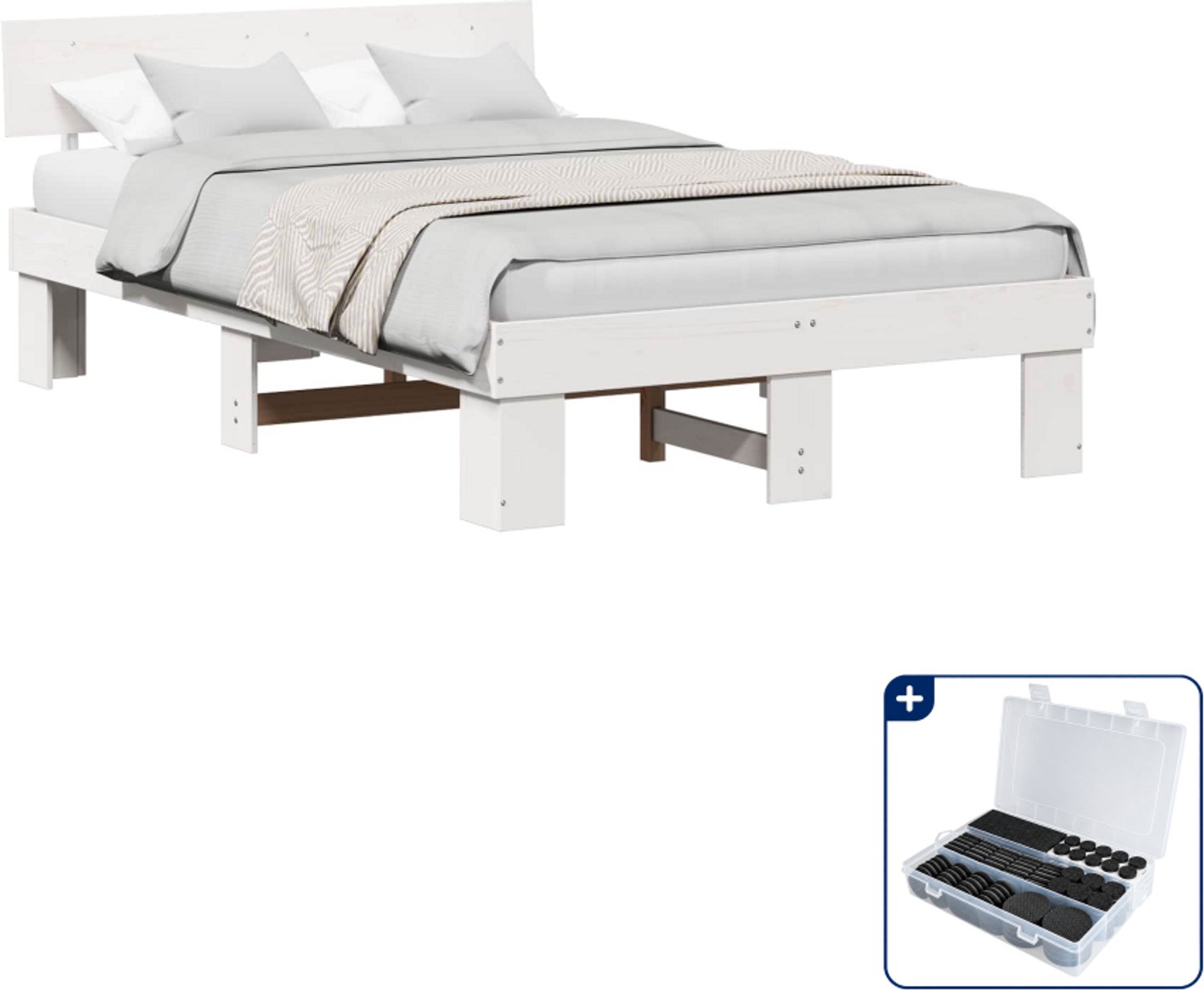 vidaXL bedframe - 140 x 190 cm - massief grenenhout - wit - Inclusief antikrasvilt 177-delig