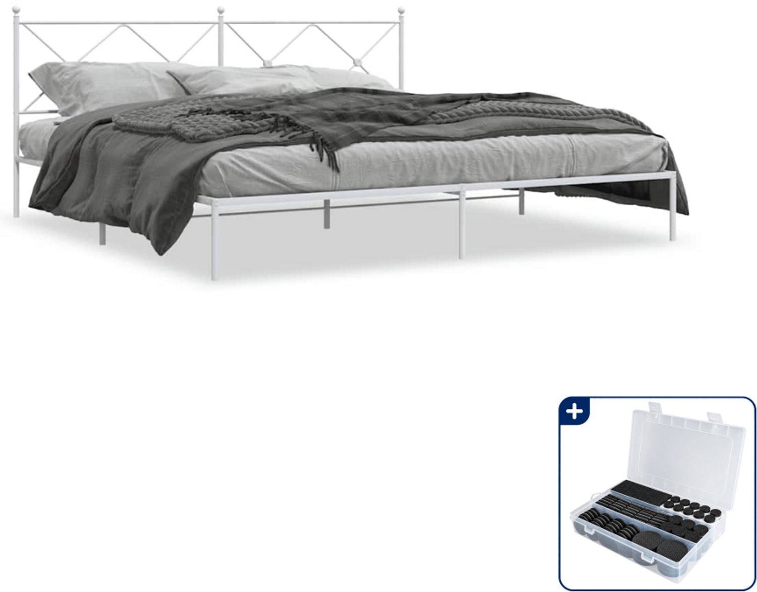 vidaXL bedframe met hoofdbord - 193 x 203 cm - staal - wit - Inclusief antikrasvilt 177-delig