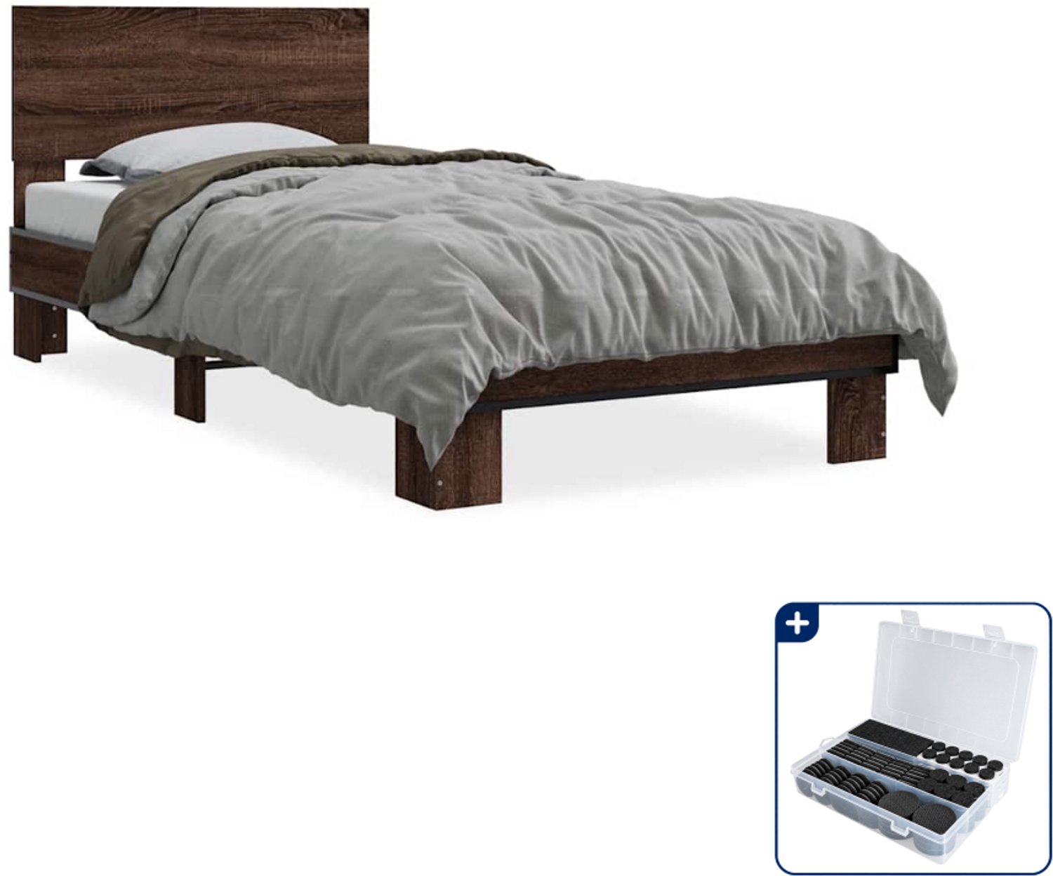 vidaXL bedframe - 75 x 190 cm - bewerkt hout en metaal - bruineiken - Inclusief antikrasvilt 177-delig