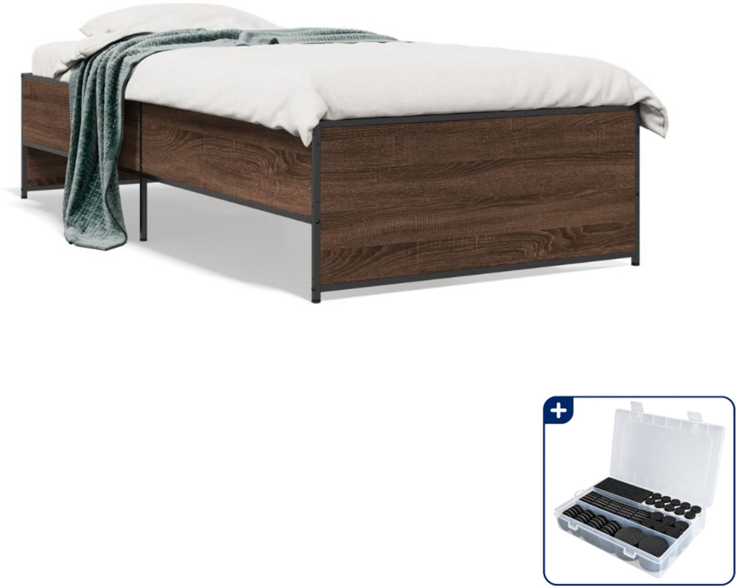 vidaXL bedframe - 90 x 200 cm - bewerkt hout en staal - bruineiken - Inclusief antikrasvilt 177-delig