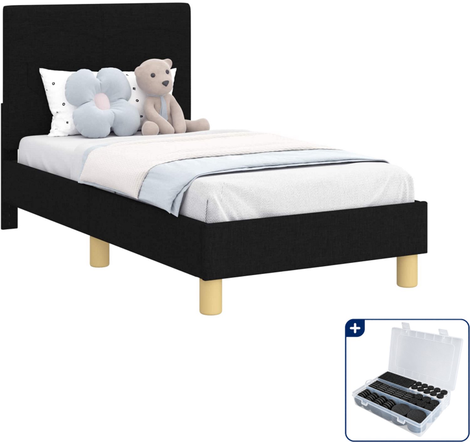 vidaXL peuterbedframe 70 x 140 cm - bewerkt hout - zwart - Inclusief antikrasvilt 177-delig