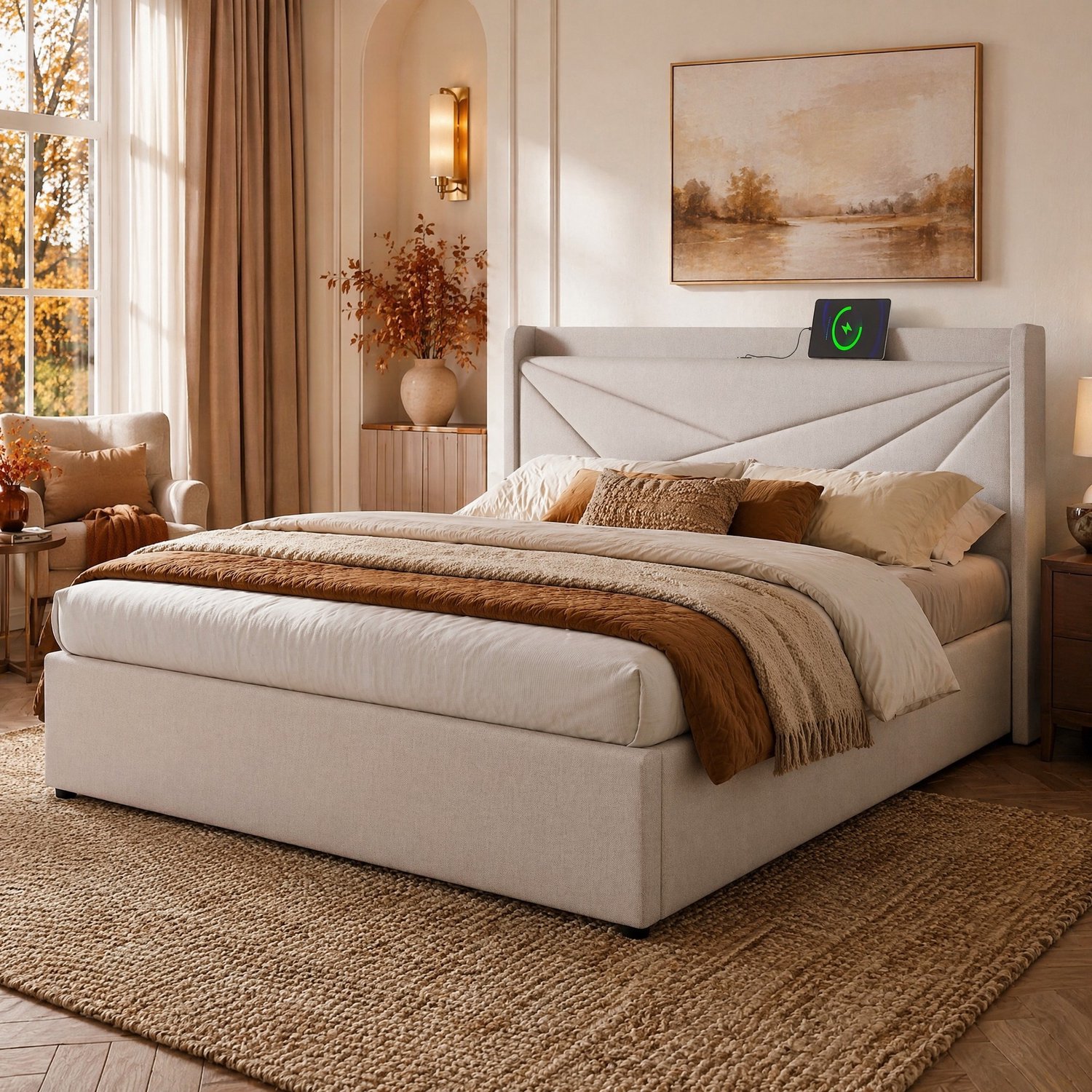 Maisentiel Gestoffeerd bed 140 x 200 cm met opbergruimte, lattenbodem en USB-aansluitingen - beige