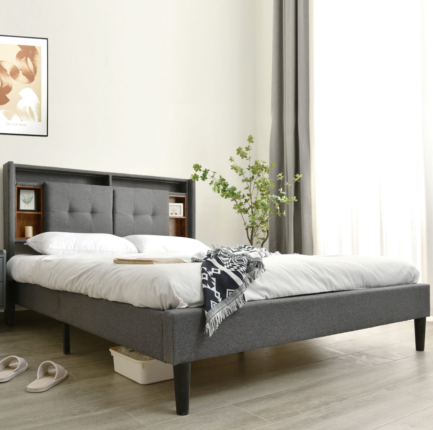 Maisentiel Grijs gestoffeerd bed 140 x 200 cm met opberghoofdbord, LED en USB
