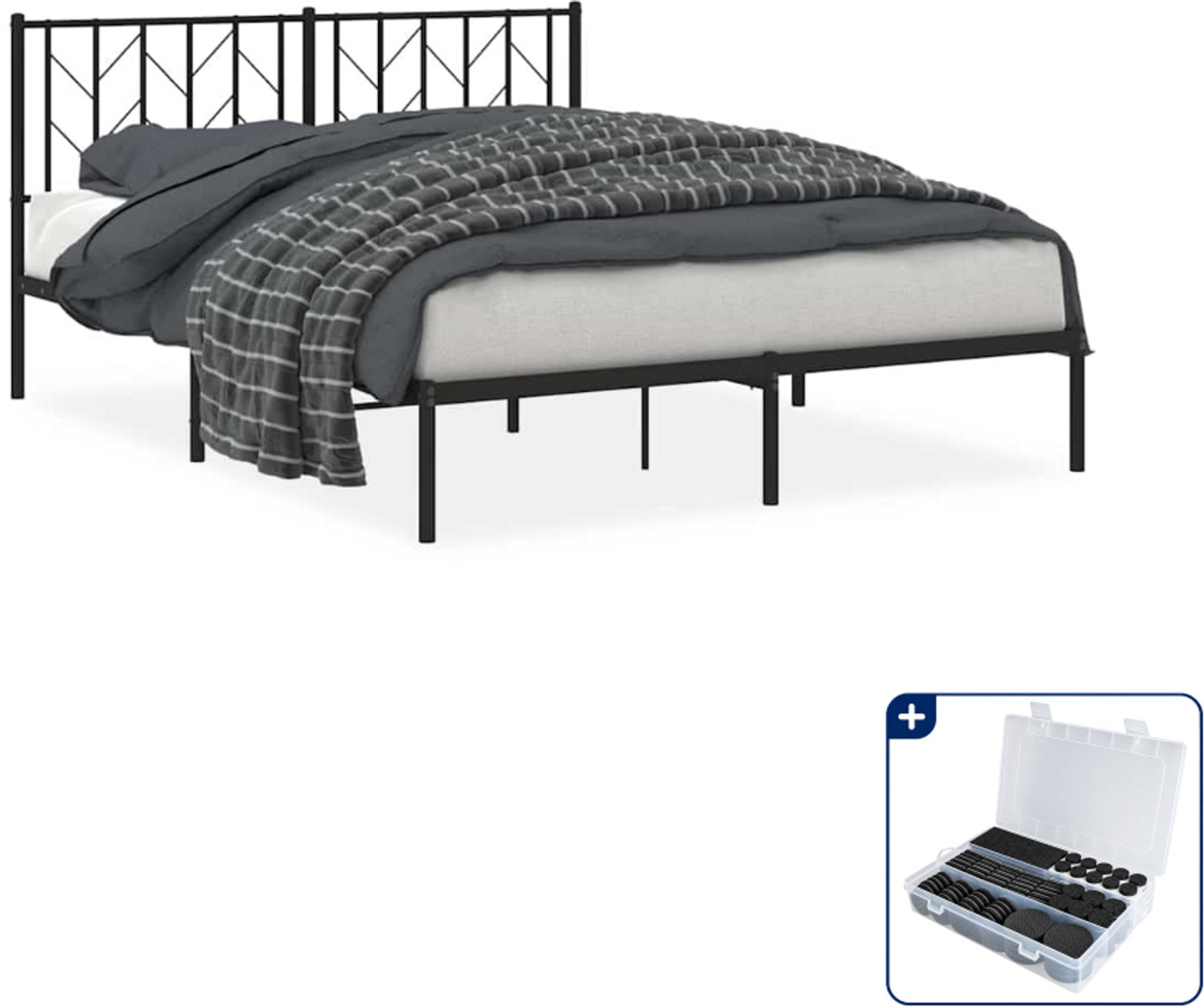 vidaXL bedframe met hoofdbord - 150 x 200 cm - staal - zwart - Inclusief antikrasvilt 177-delig