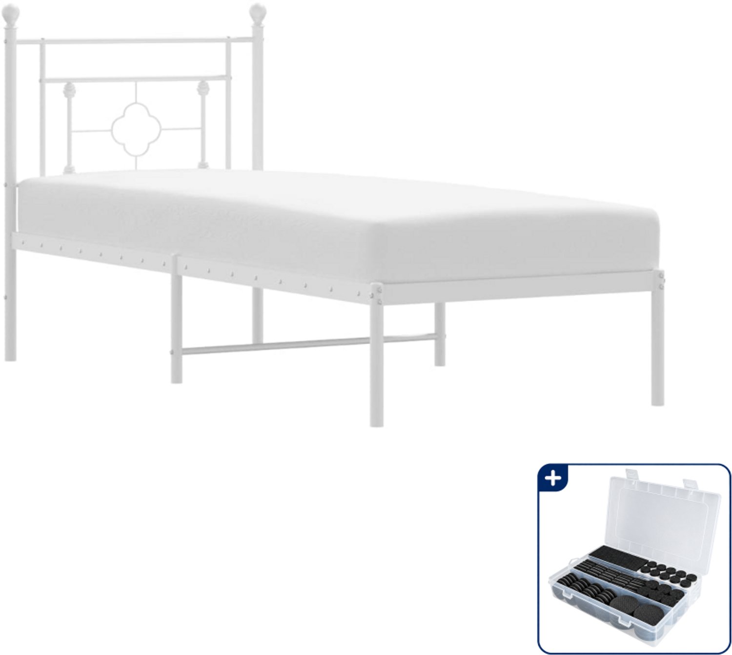 vidaXL bedframe met hoofdbord - 75 x 190 cm - staal - wit - Inclusief antikrasvilt 177-delig