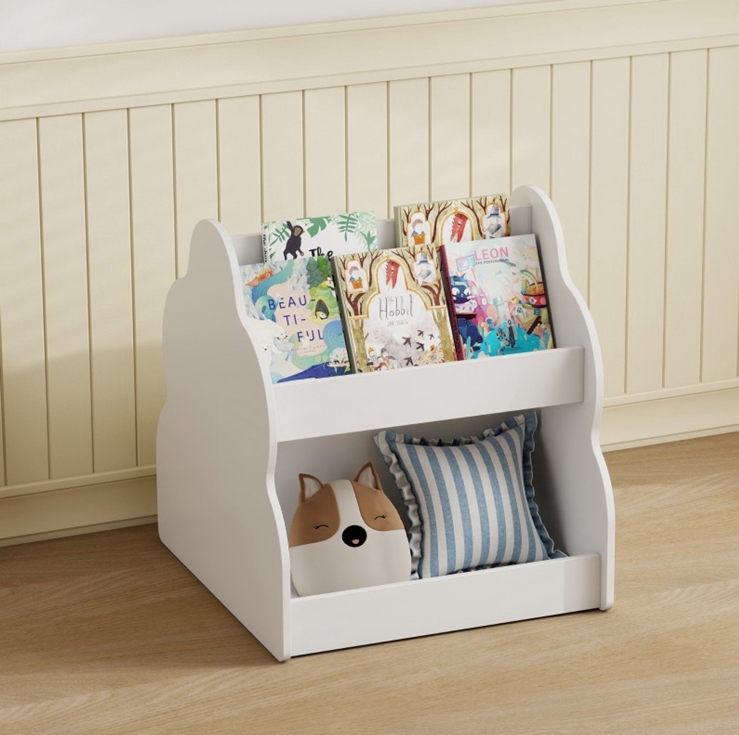OKWISH Kinderboekenkast Verrijdbaar – 54 x 50 x 56 cm – Hout met Melamineafwerking – Wit – 2 Lagen en 4 Vakken – Voor Kinderkamer en Speelkamer