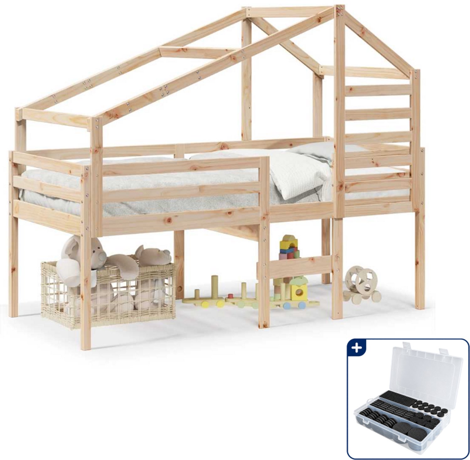 vidaXL hoogslaper met bedhuis - 80 x 200 cm - massief grenenhout - Inclusief antikrasvilt 177-delig Bruin
