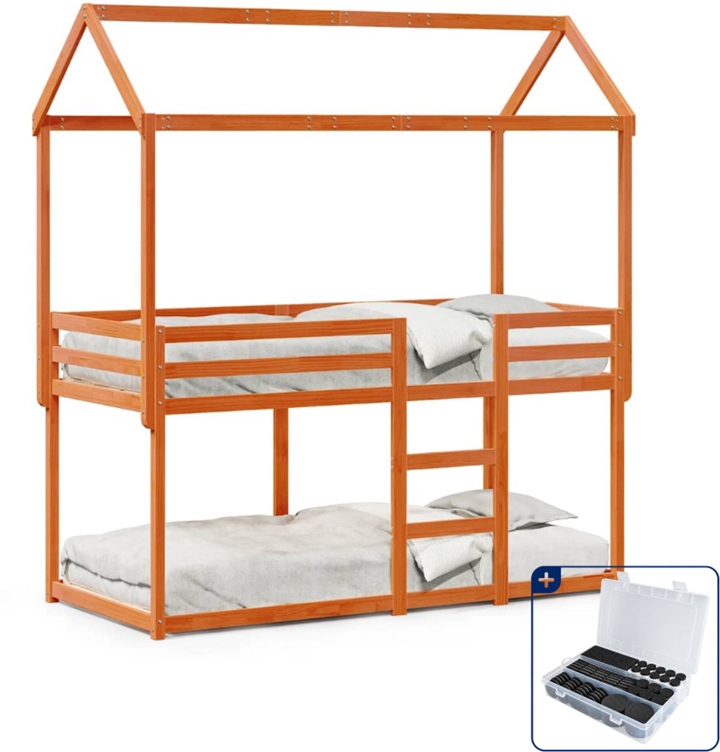 vidaXL stapelbed met bedhuis - 90 x 200 cm - grenenhout - wasbruin - Inclusief antikrasvilt 177-delig
