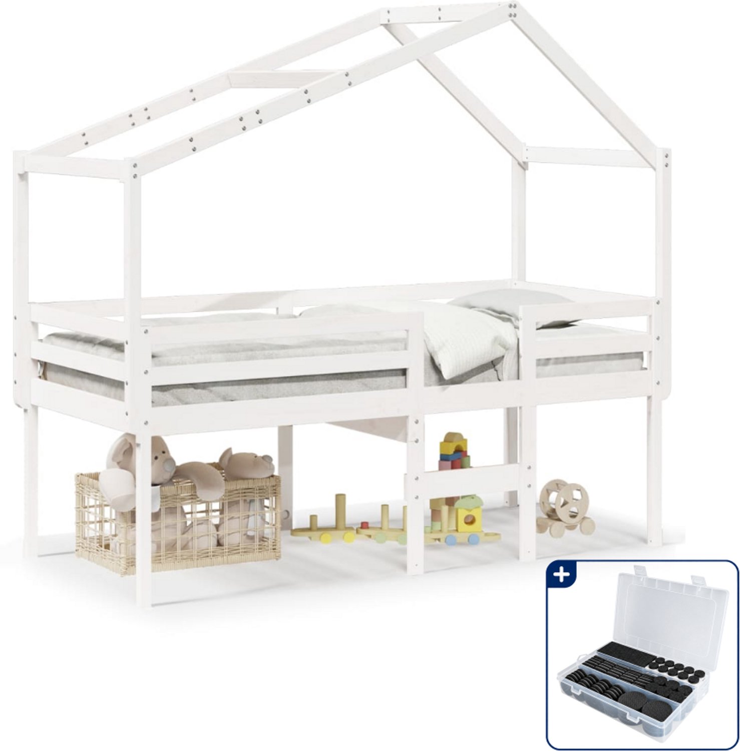 vidaXL hoogslaper met dak - 90 x 190 cm - massief grenenhout - wit - Inclusief antikrasvilt 177-delig Bruin