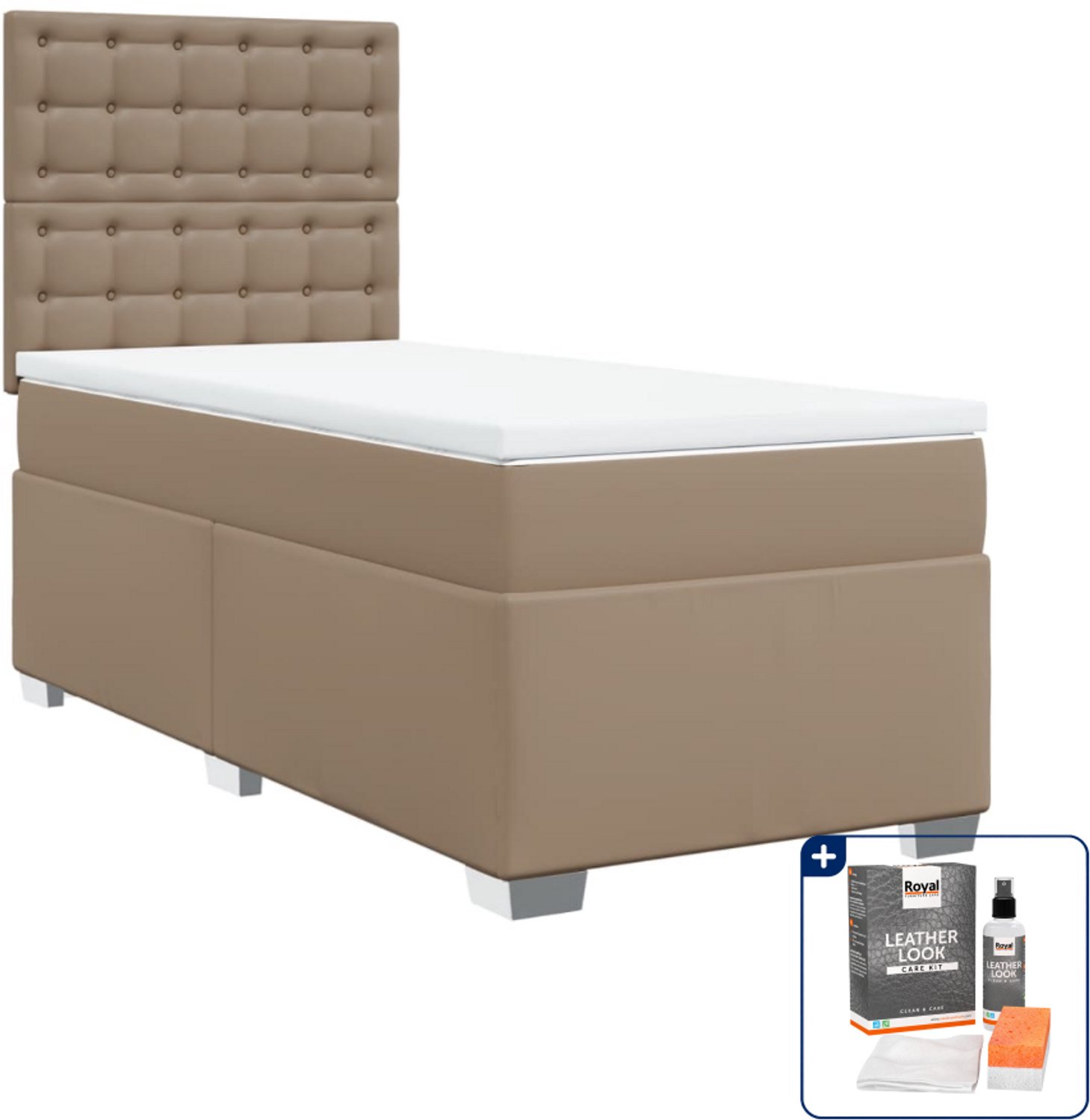 vidaXL boxspring met matras 80 x 200 cm - kunstleer - cappuccino - Inclusief onderhoudsset voor kunstleer 150 ml Bruin