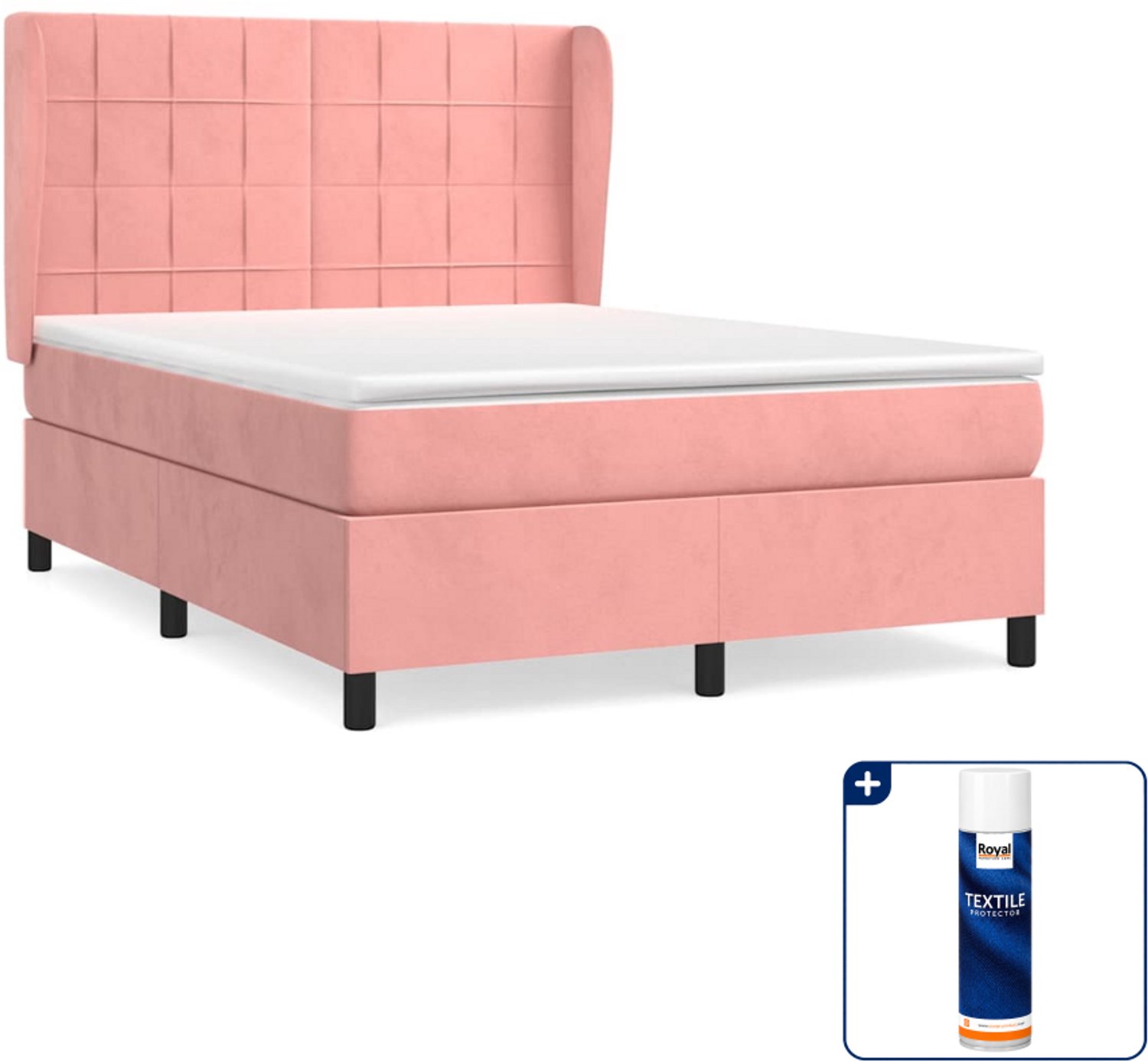 vidaXL boxspring met matras - 140 x 190 cm - fluweel - roze - Inclusief textielbeschermer 500 ml