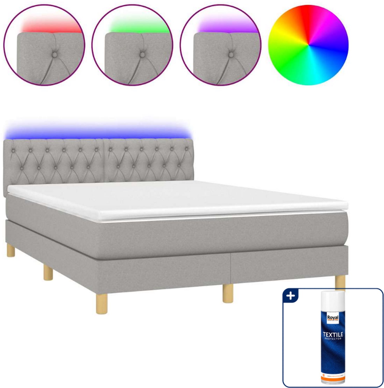 vidaXL boxspring met matras en led - 140 x 190 cm - lichtgrijs - Inclusief textielbeschermer 500 ml