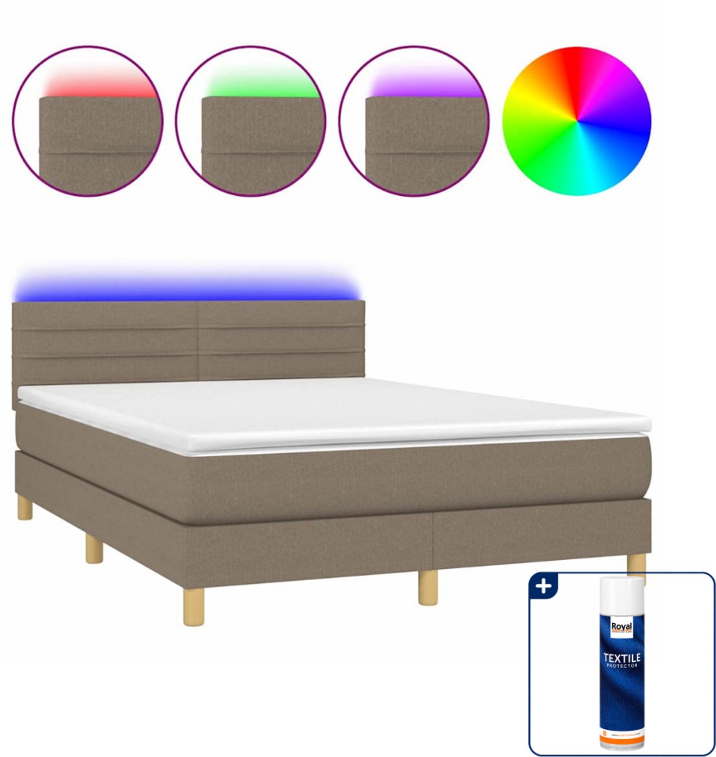 vidaXL boxspring met matras en led - 140 x 190 cm - taupe - Inclusief textielbeschermer 500 ml
