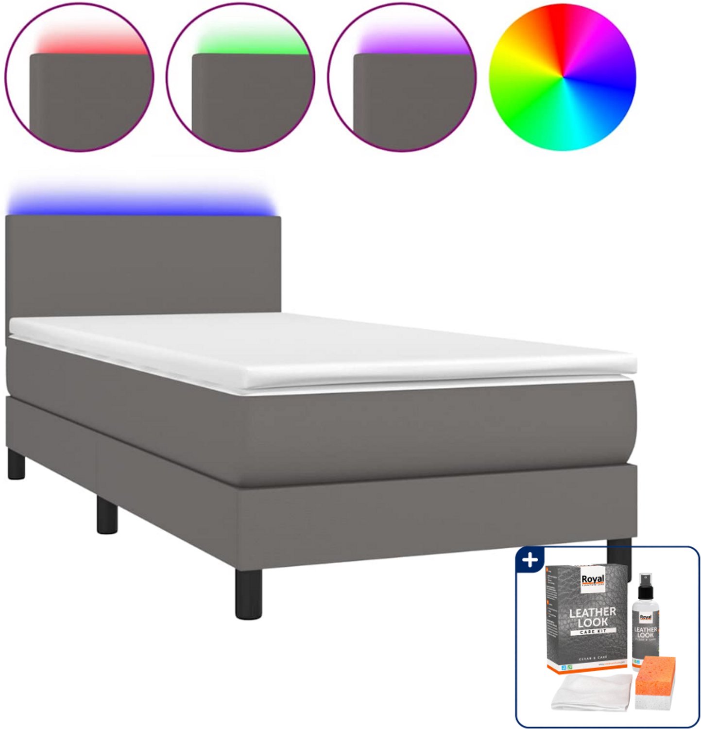 vidaXL boxspring met matras en led - 90 x 190 cm - grijs - Inclusief onderhoudsset voor kunstleer 150 ml