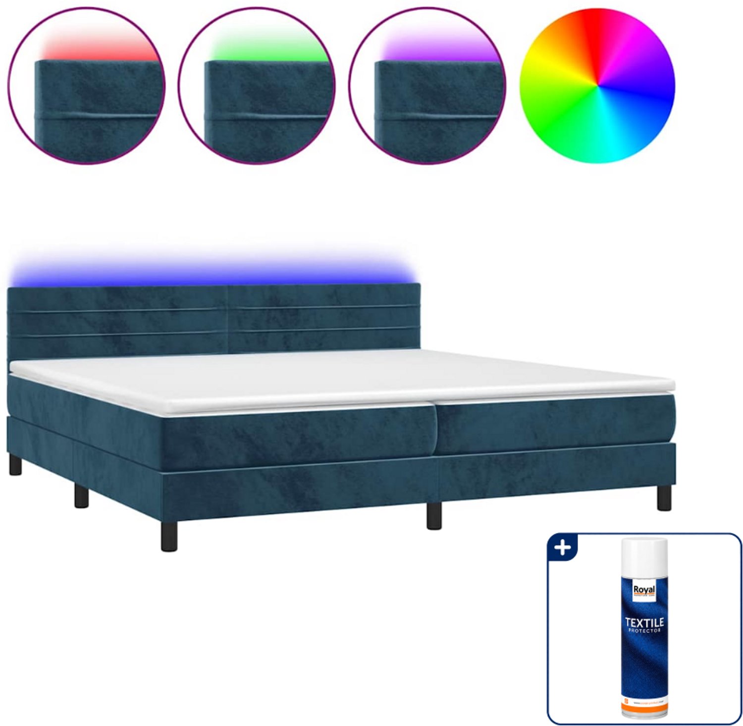 vidaXL Boxspring met matras en LED - 200x200 cm - fluweel - donkerblauw - Inclusief textielbeschermer 500 ml
