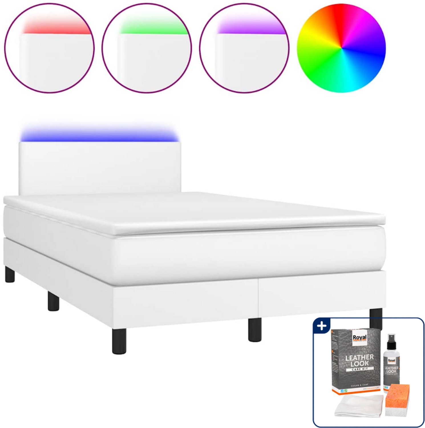 vidaXL boxspring met matras en LED - 120 x 200 cm - kunstleer - wit - Inclusief onderhoudsset voor kunstleer 150 ml