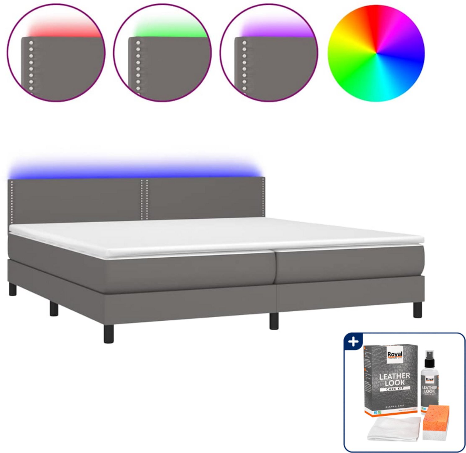 vidaXL Boxspring Super kingsize - 200 x 200 cm - kunstleer - grijs - Inclusief onderhoudsset voor kunstleer 150 ml