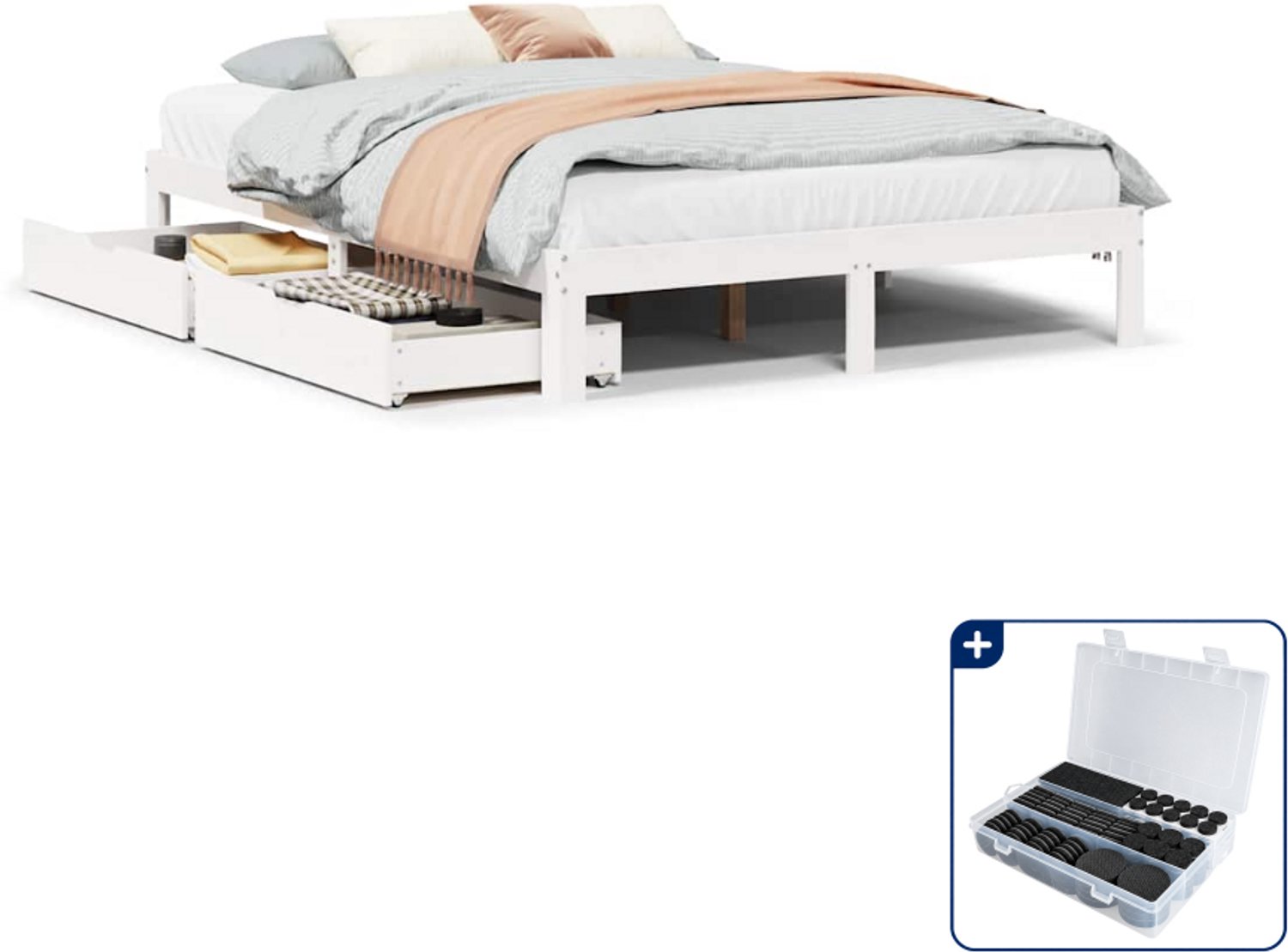 vidaXL bedframe met 2 lades - 120 x 200 cm - massief grenenhout - wit - Inclusief antikrasvilt 177-delig Bruin