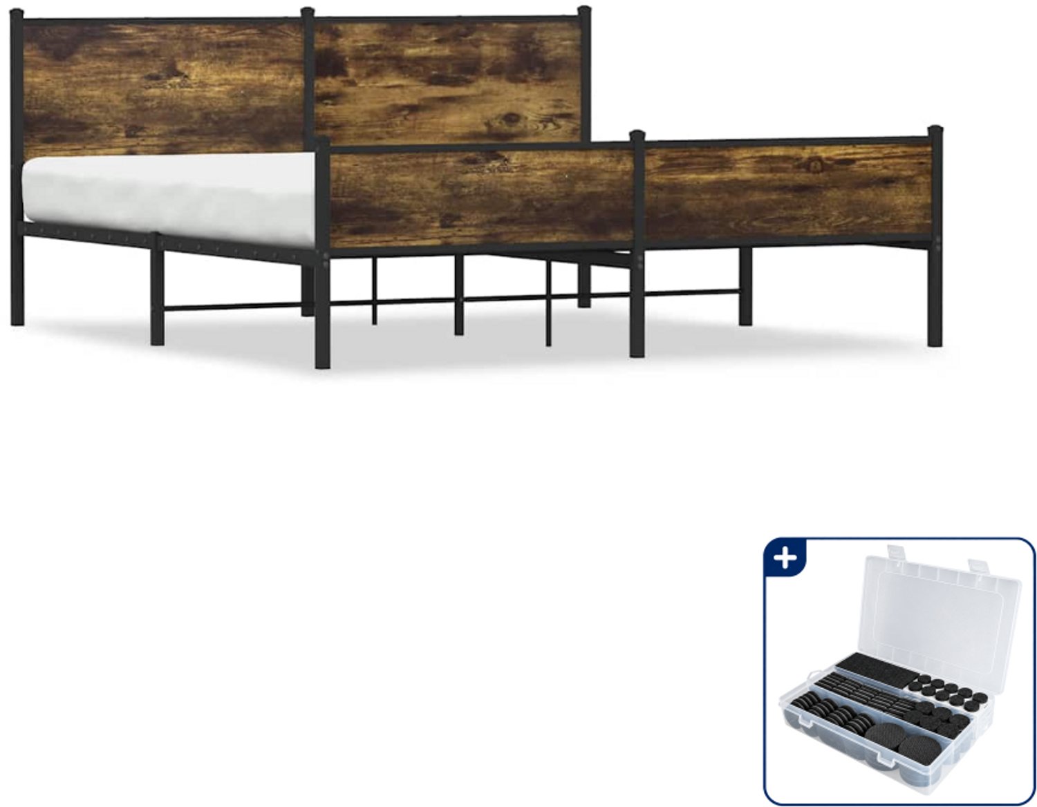 vidaXL bedframe - 183 x 213 cm - staal en bewerkt hout - gerookt eiken - Inclusief antikrasvilt 177-delig Bruin