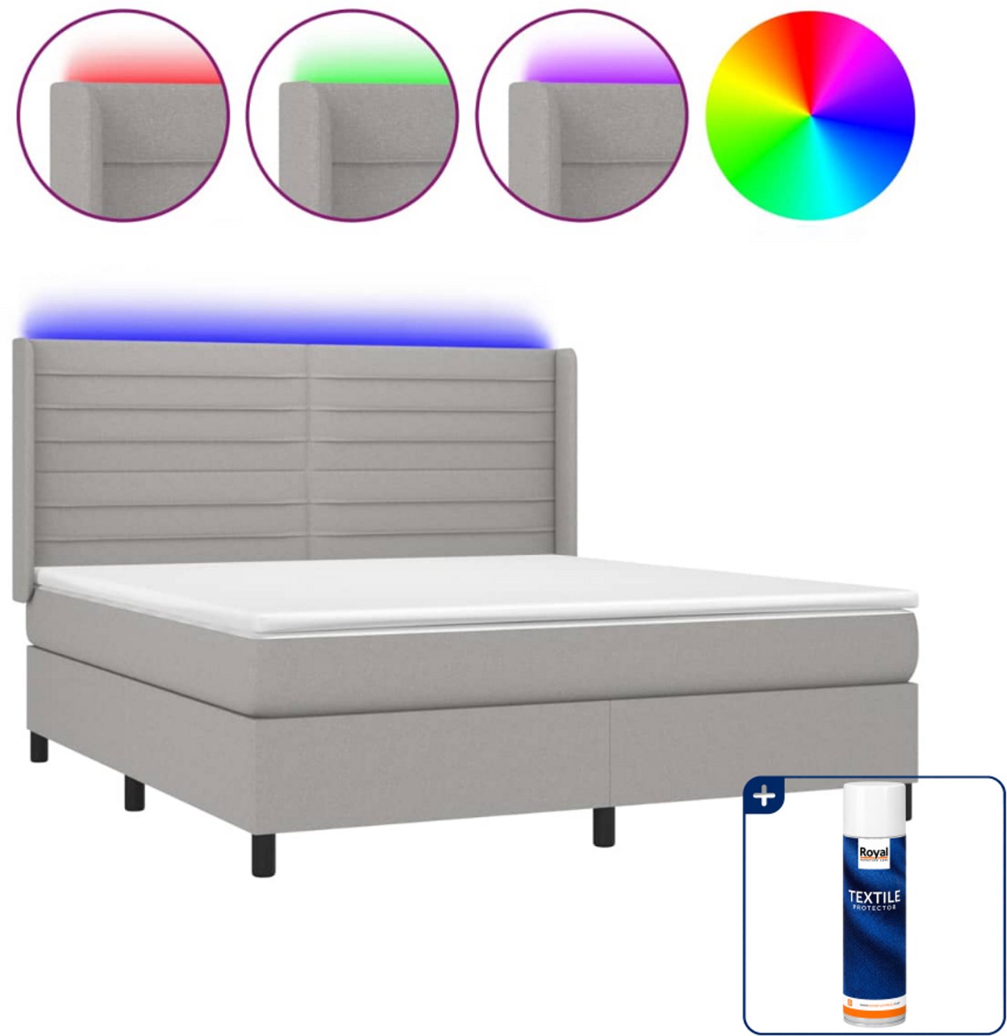 vidaXL Boxspring Kingsize 180x200 cm - LED - lichtgrijs - Inclusief textielbeschermer 500 ml