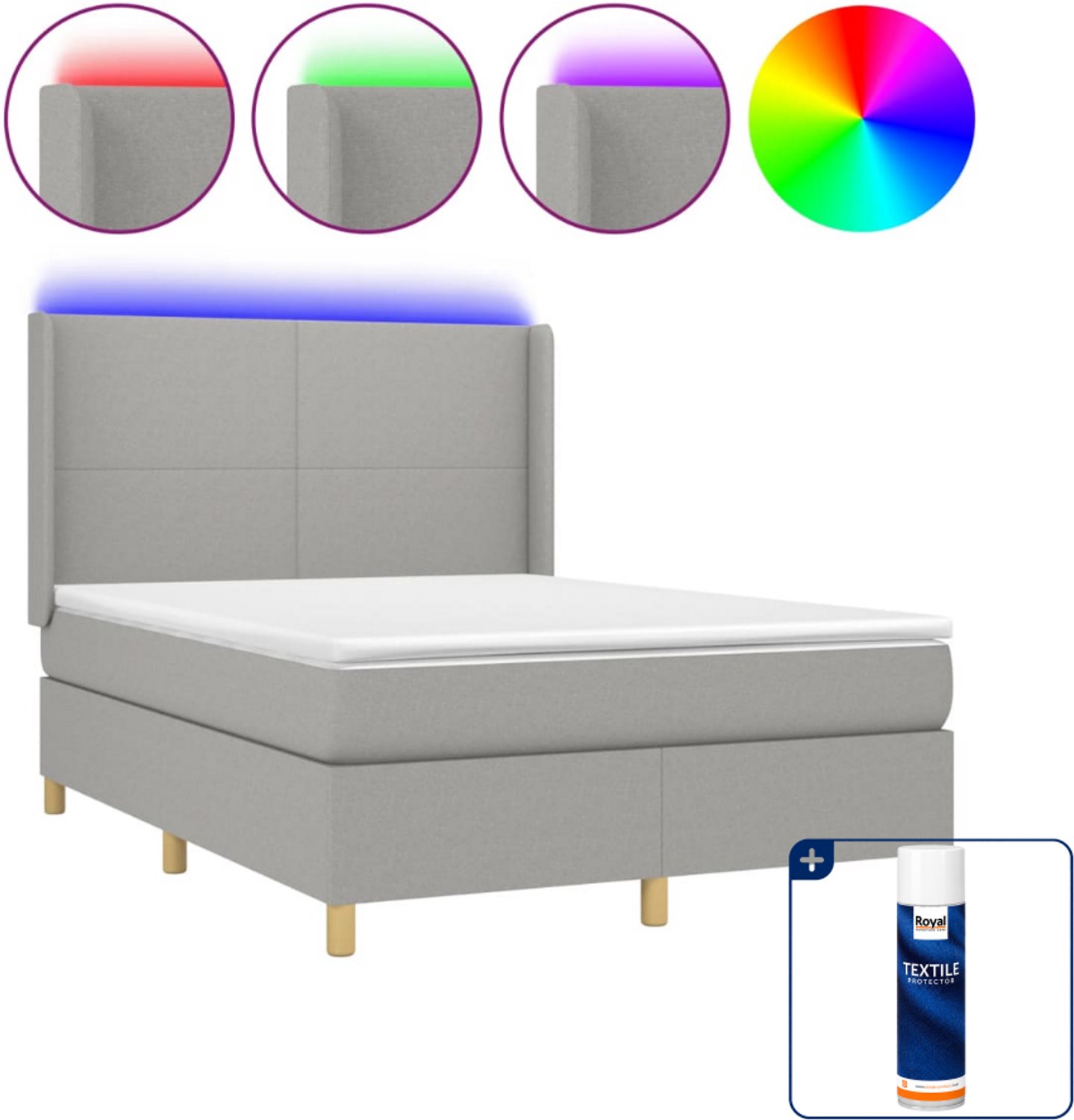 vidaXL boxspring met matras en LED - 140 x 190 cm - lichtgrijs - Inclusief textielbeschermer 500 ml