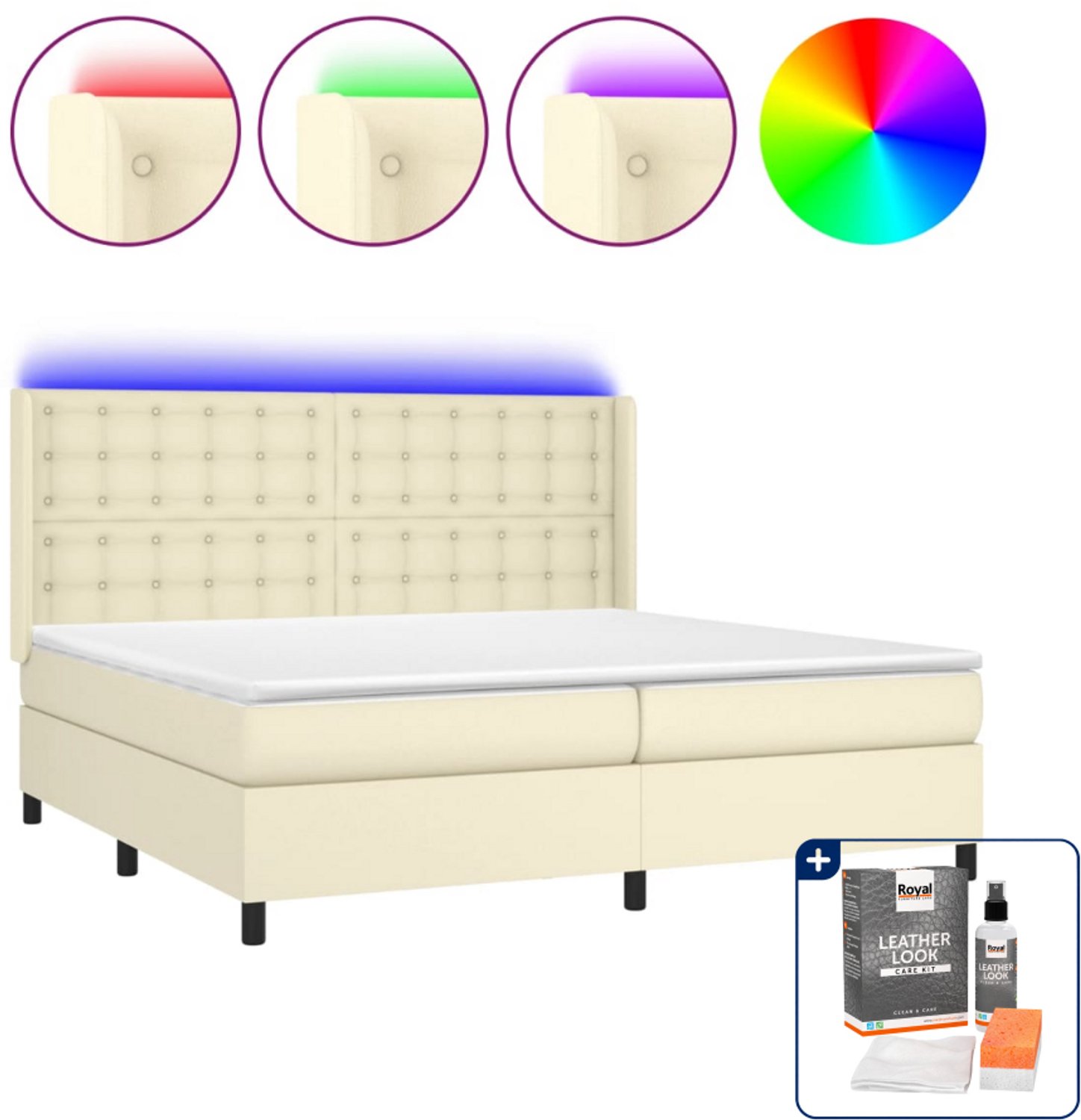 vidaXL Boxspring - Super kingsize - 200 x 200 cm - kunstleer - crème - Inclusief onderhoudsset voor kunstleer 150 ml
