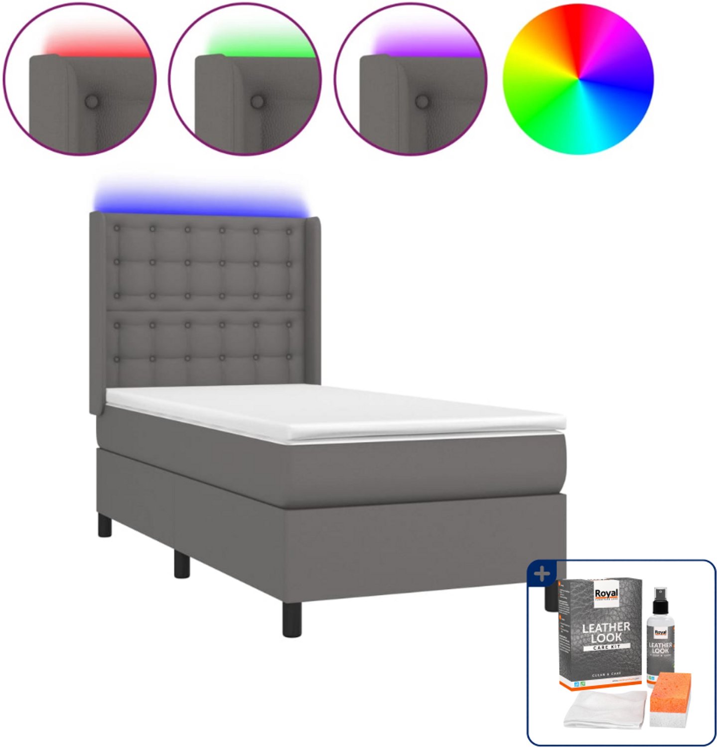 vidaXL boxspring met matras en led - 90 x 200 cm - kunstleer - grijs - Inclusief onderhoudsset voor kunstleer 150 ml