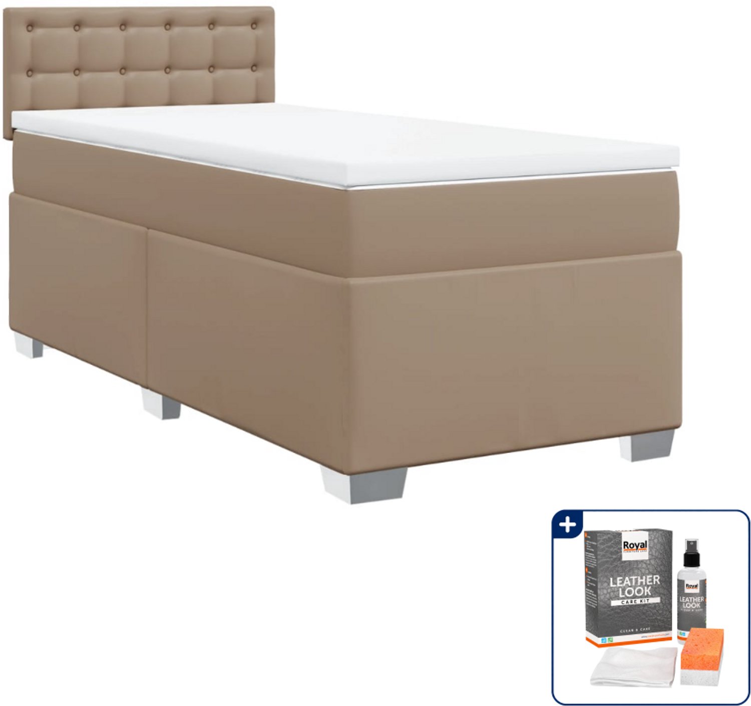 vidaXL boxspring met matras 90 x 200 cm - kunstleer - cappuccino - Inclusief onderhoudsset voor kunstleer 150 ml Bruin