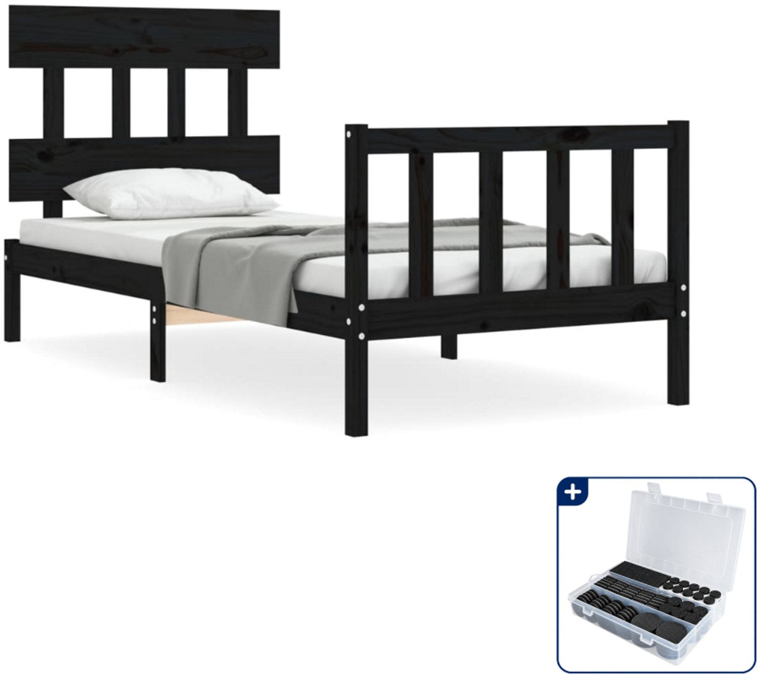 vidaXL Bedframe - 75 x 190 cm - massief grenenhout - zwart - Inclusief antikrasvilt 177-delig