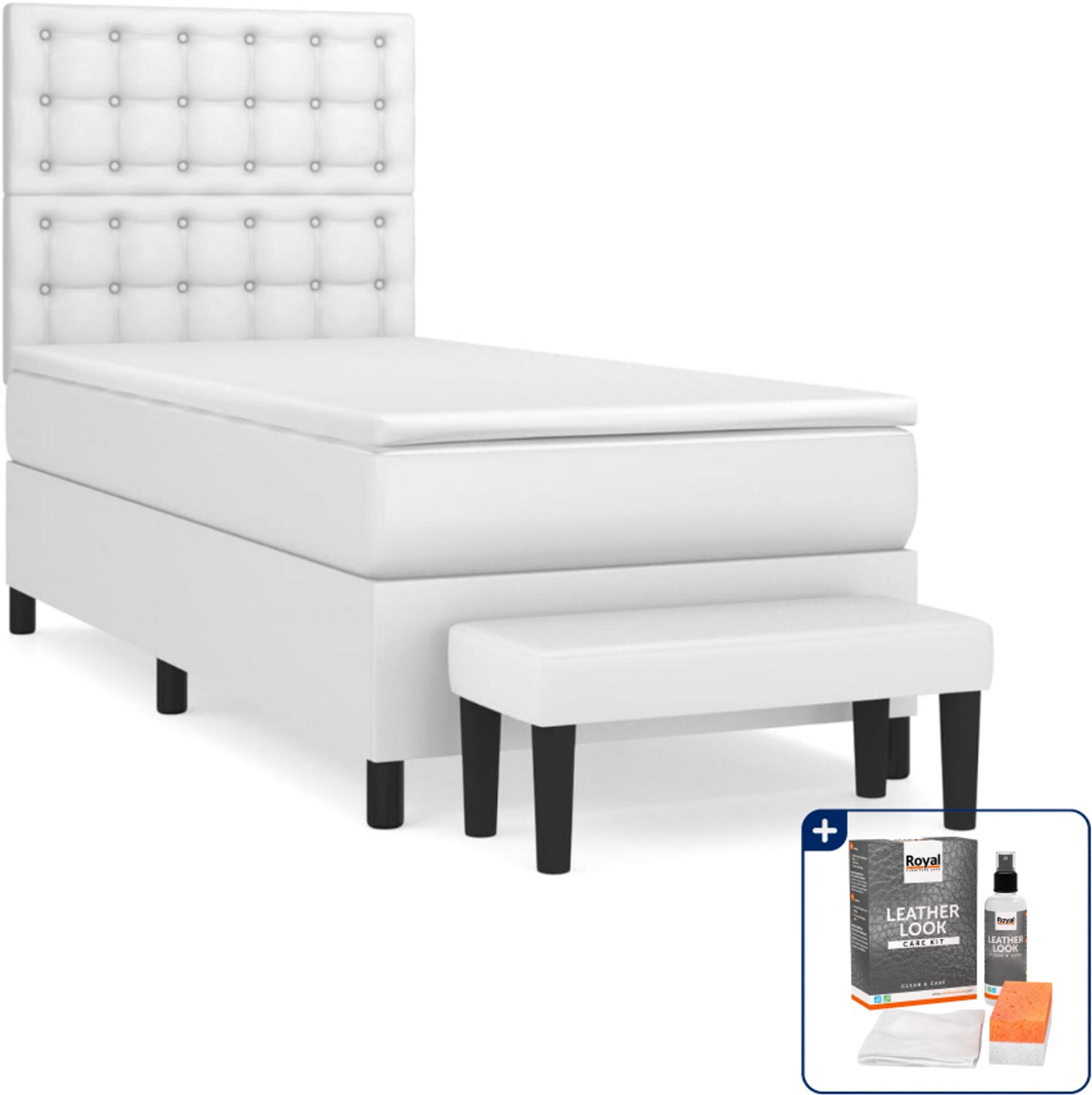 vidaXL Boxspringset met matras en bankje - 90 x 190 cm - wit - Inclusief onderhoudsset voor kunstleer 150 ml