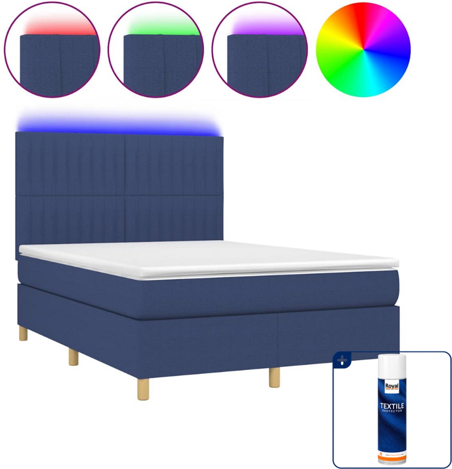 vidaXL boxspring met matras en LED - 140 x 190 cm - blauw - Inclusief textielbeschermer 500 ml