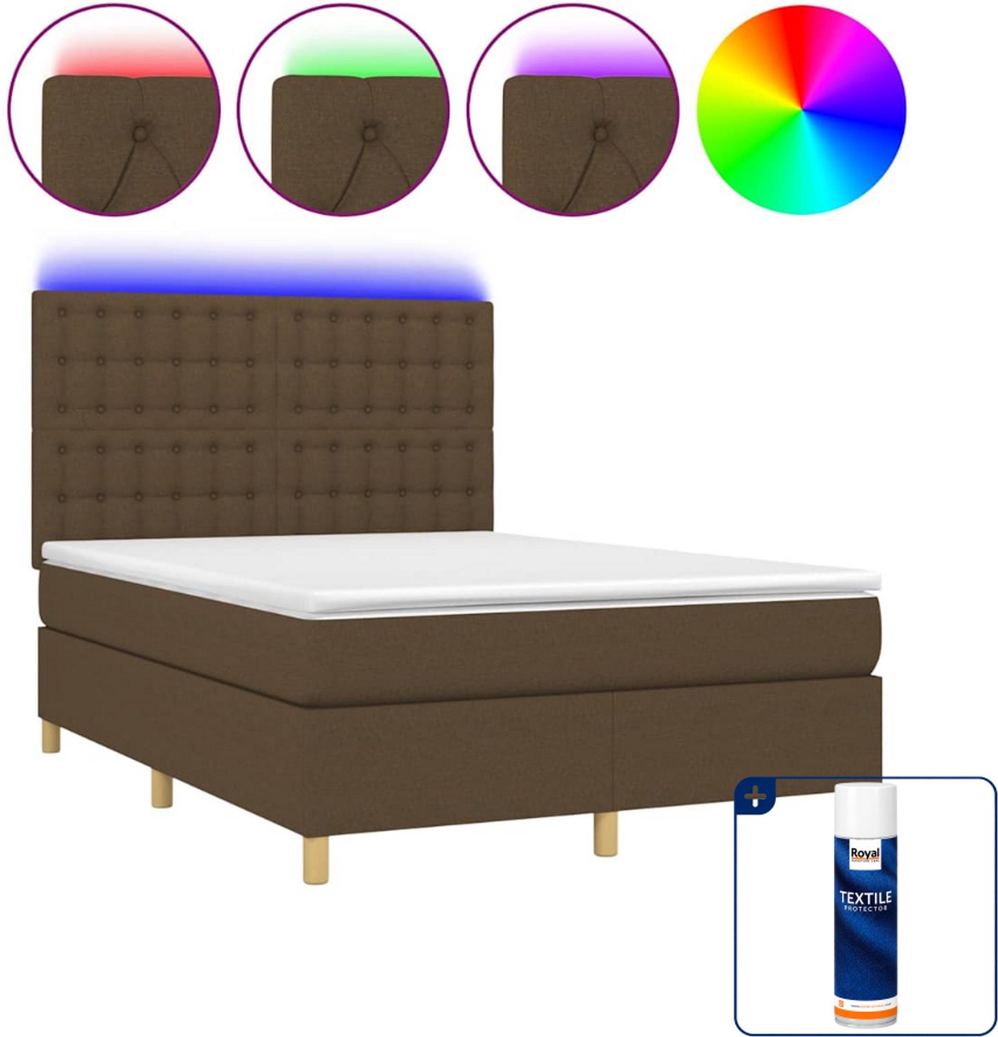 vidaXL boxspring met matras en led - 140 x 190 cm - donkerbruin - Inclusief textielbeschermer 500 ml
