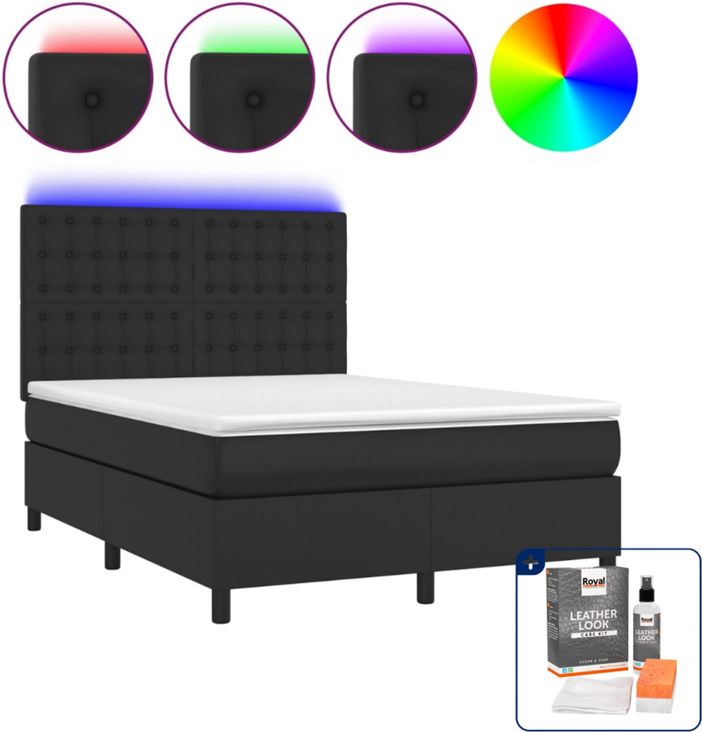 vidaXL boxspring met matras en led - Small double - 140 x 200 cm - zwart - Inclusief onderhoudsset voor kunstleer 150 ml