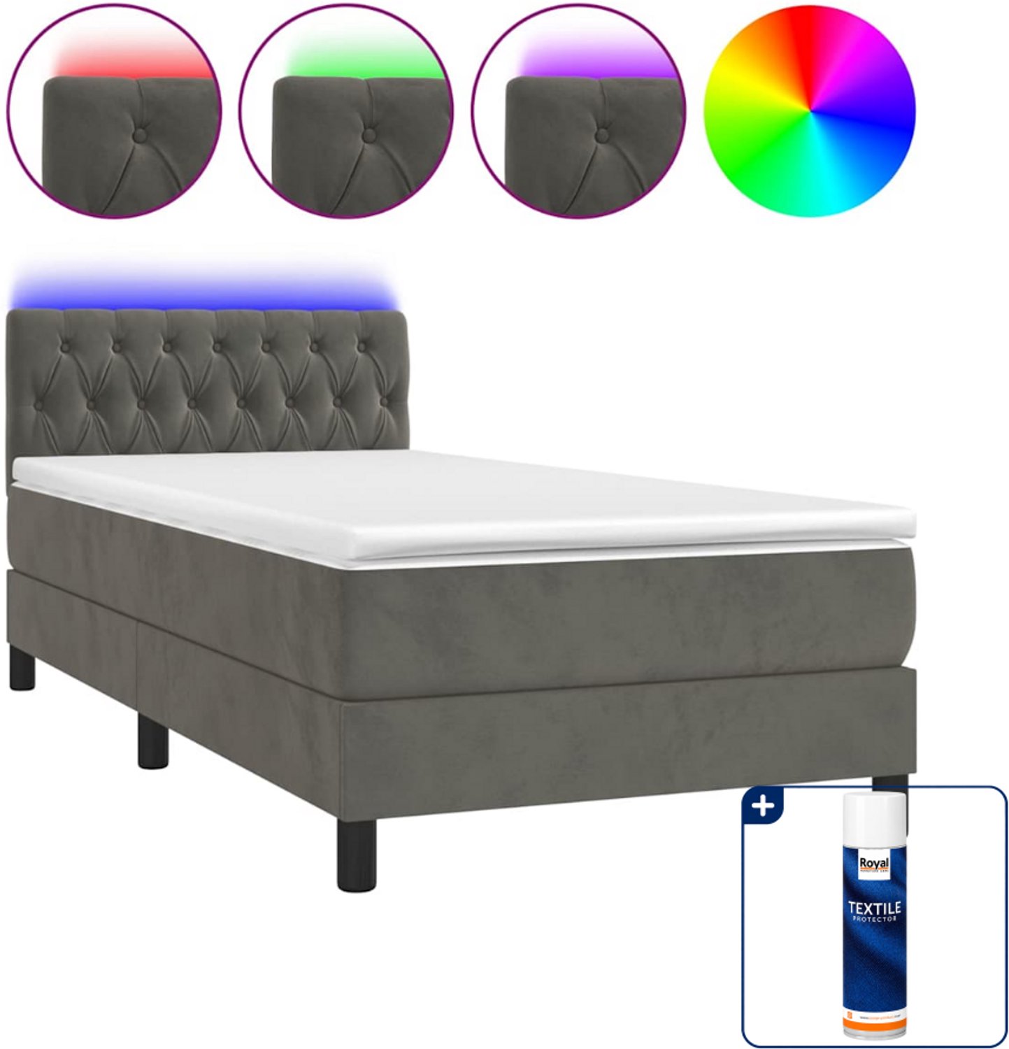 vidaXL boxspring met matras en led - 90 x 190 cm - fluweel - donkergrijs - Inclusief textielbeschermer 500 ml