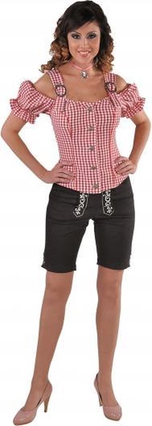 Zwarte oktoberfest jurk met rood geruit rokje huren bij Maskerade Kledingverhuur